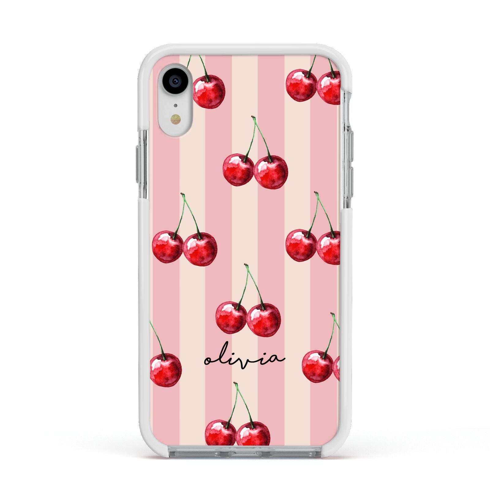 Pink Stripes with Cherries and Text Apple iPhone XR Impact Case White Edge on Silver Phone