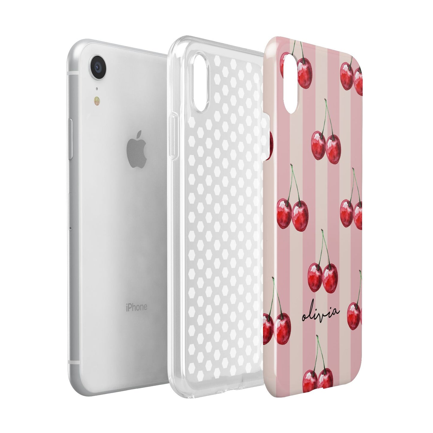 Pink Stripes with Cherries and Text Apple iPhone XR White 3D Tough Case Expanded view