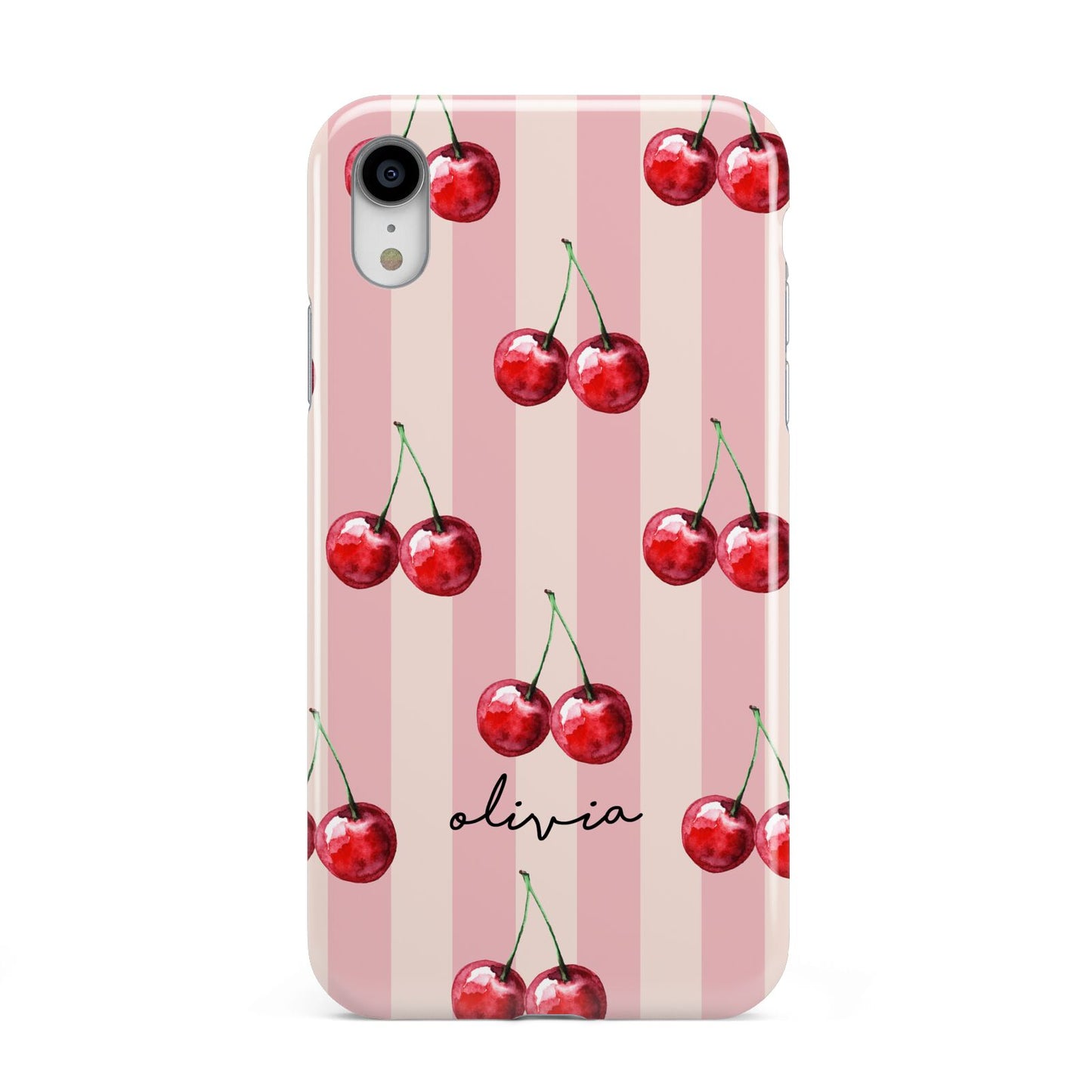 Pink Stripes with Cherries and Text Apple iPhone XR White 3D Tough Case