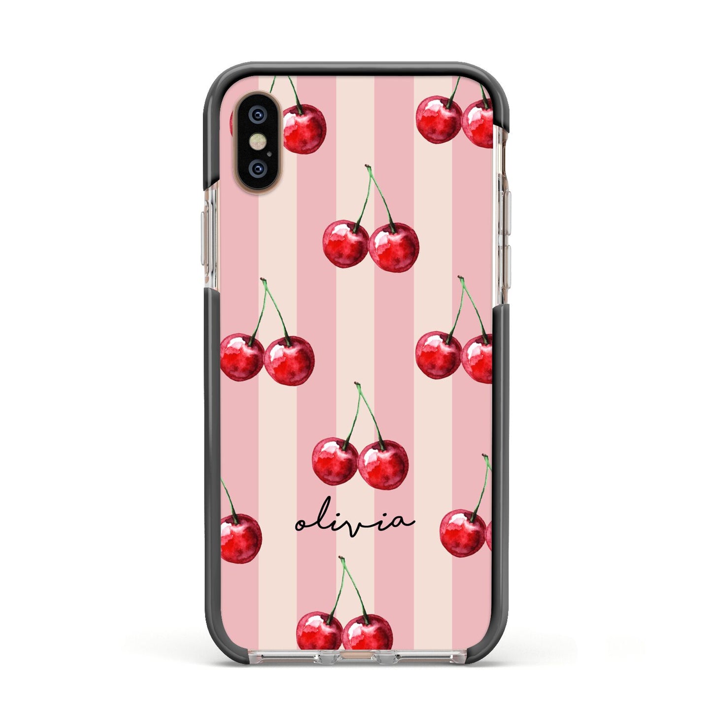 Pink Stripes with Cherries and Text Apple iPhone Xs Impact Case Black Edge on Gold Phone