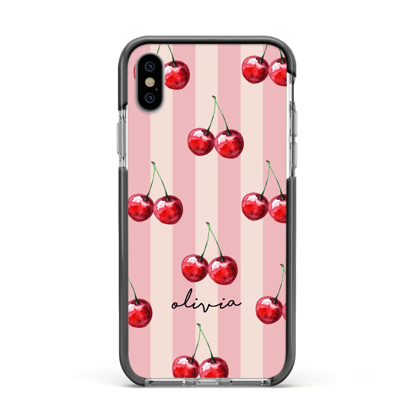 Pink Stripes with Cherries and Text Apple iPhone Xs Impact Case Black Edge on Silver Phone