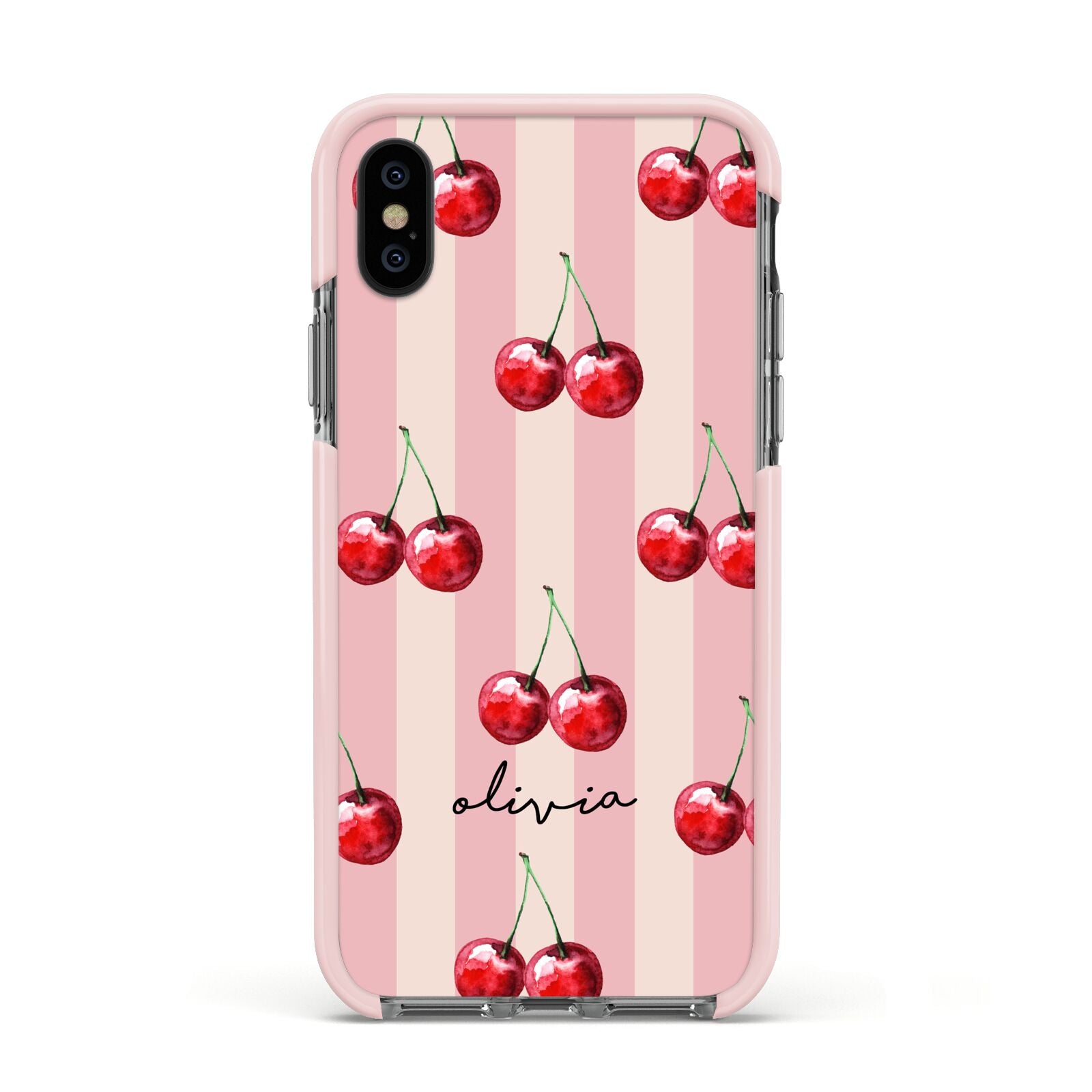 Pink Stripes with Cherries and Text Apple iPhone Xs Impact Case Pink Edge on Black Phone