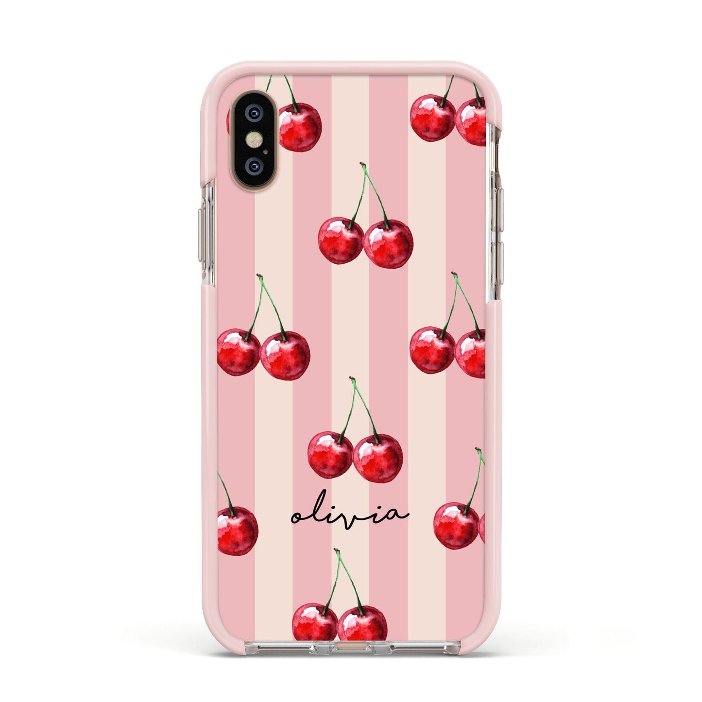 Pink Stripes with Cherries and Text Apple iPhone Xs Impact Case Pink Edge on Gold Phone