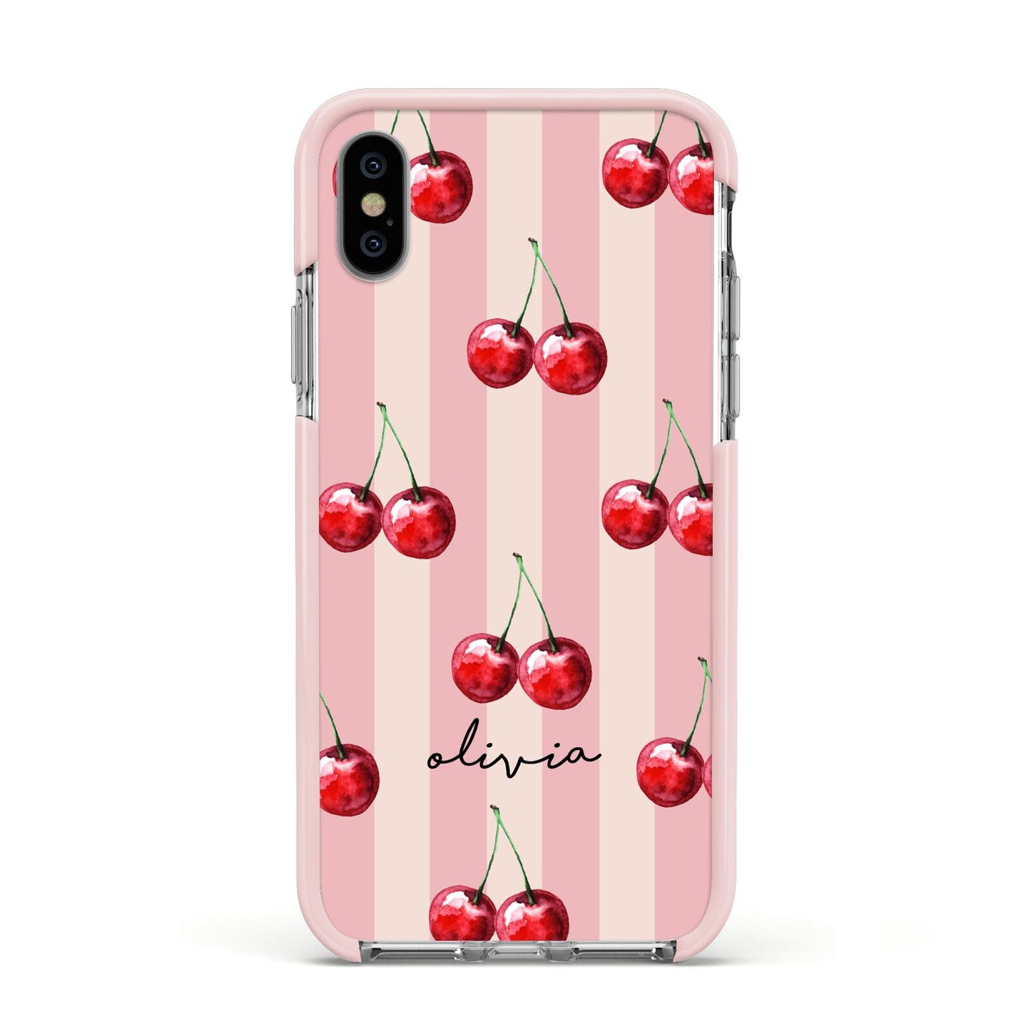 Pink Stripes with Cherries and Text Apple iPhone Xs Impact Case Pink Edge on Silver Phone