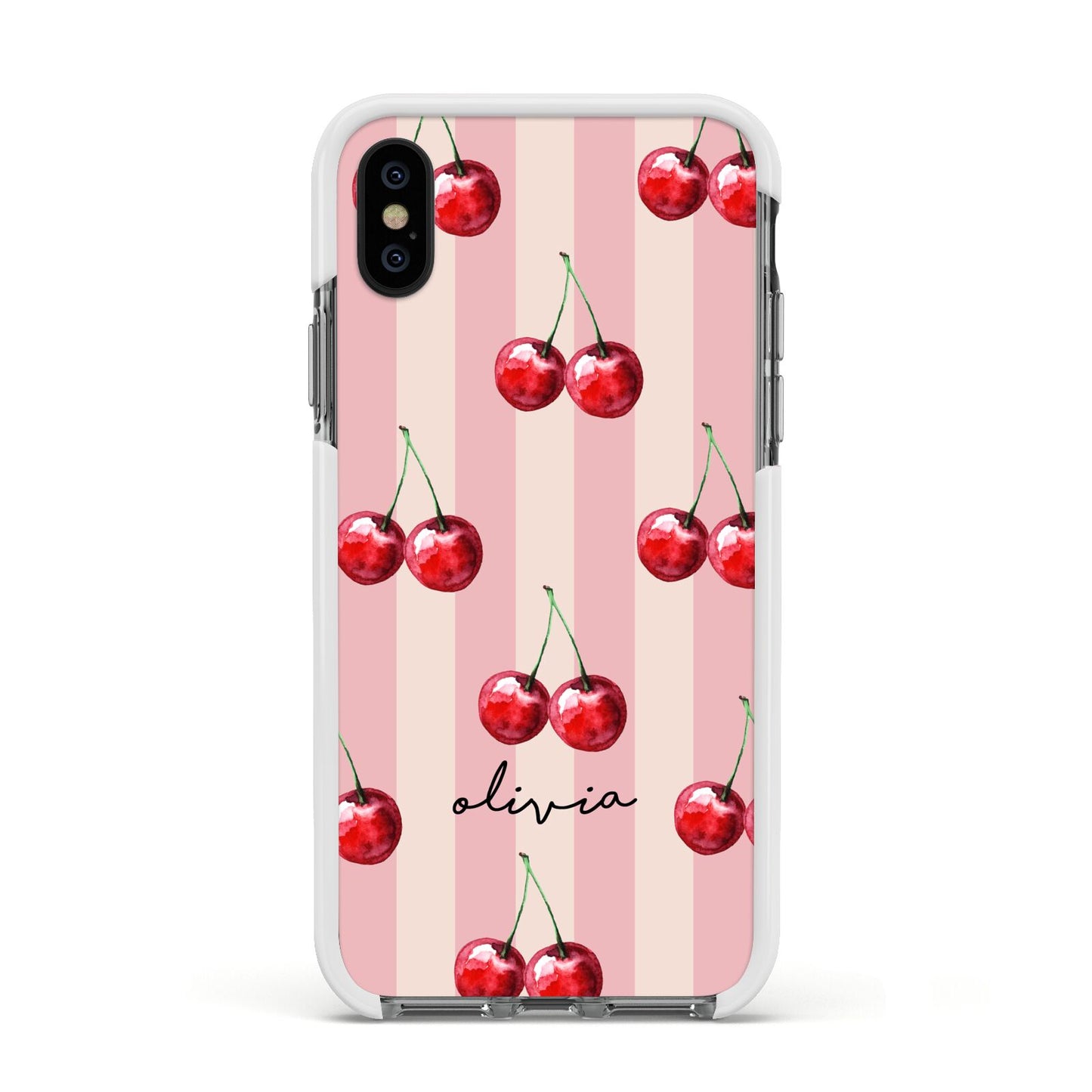 Pink Stripes with Cherries and Text Apple iPhone Xs Impact Case White Edge on Black Phone