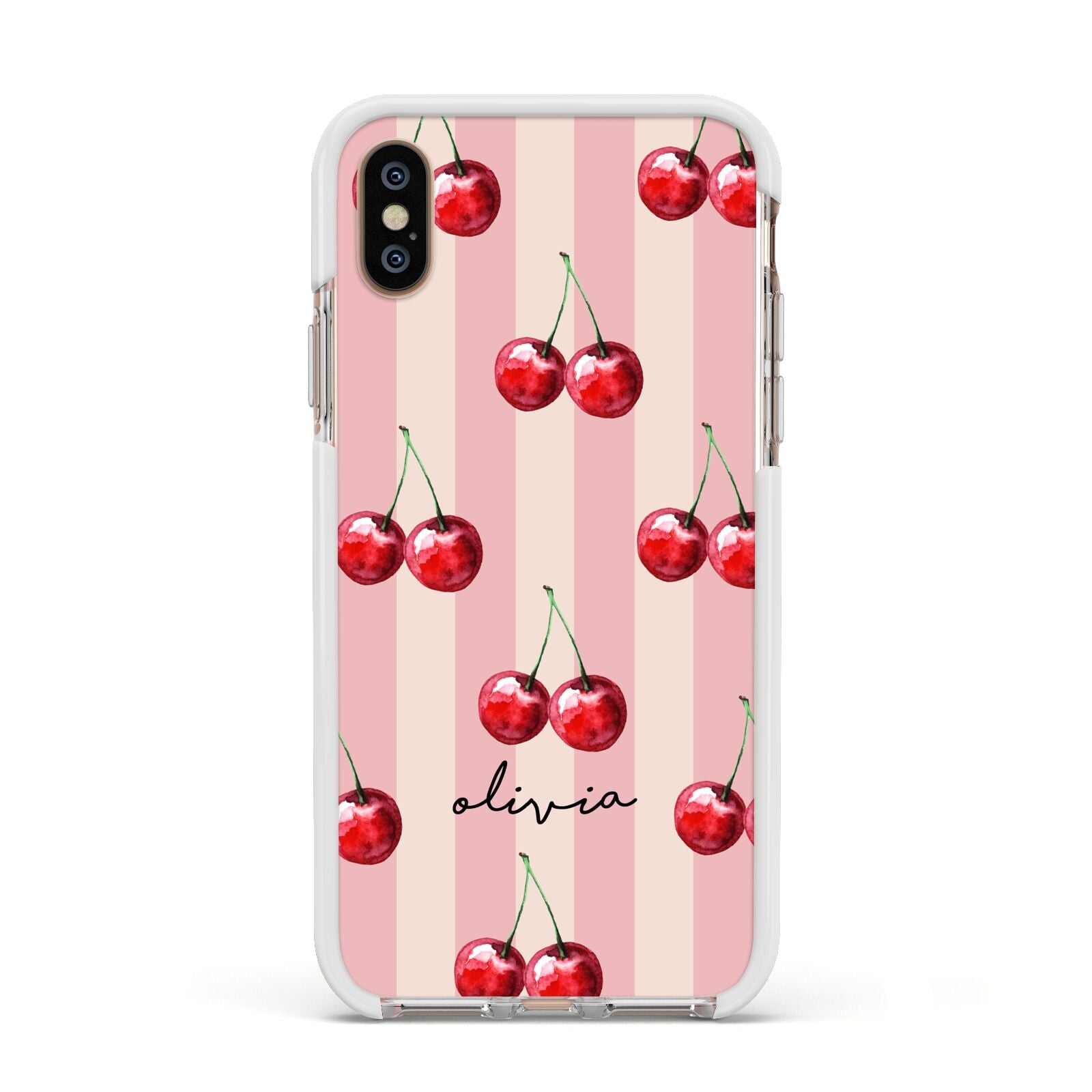 Pink Stripes with Cherries and Text Apple iPhone Xs Impact Case White Edge on Gold Phone