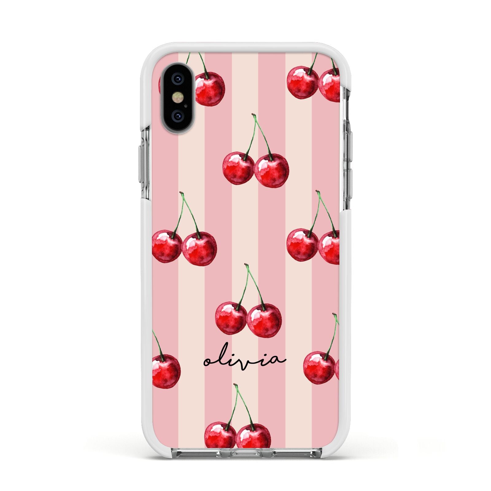 Pink Stripes with Cherries and Text Apple iPhone Xs Impact Case White Edge on Silver Phone