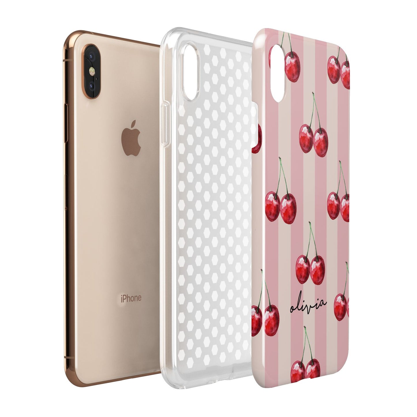 Pink Stripes with Cherries and Text Apple iPhone Xs Max 3D Tough Case Expanded View