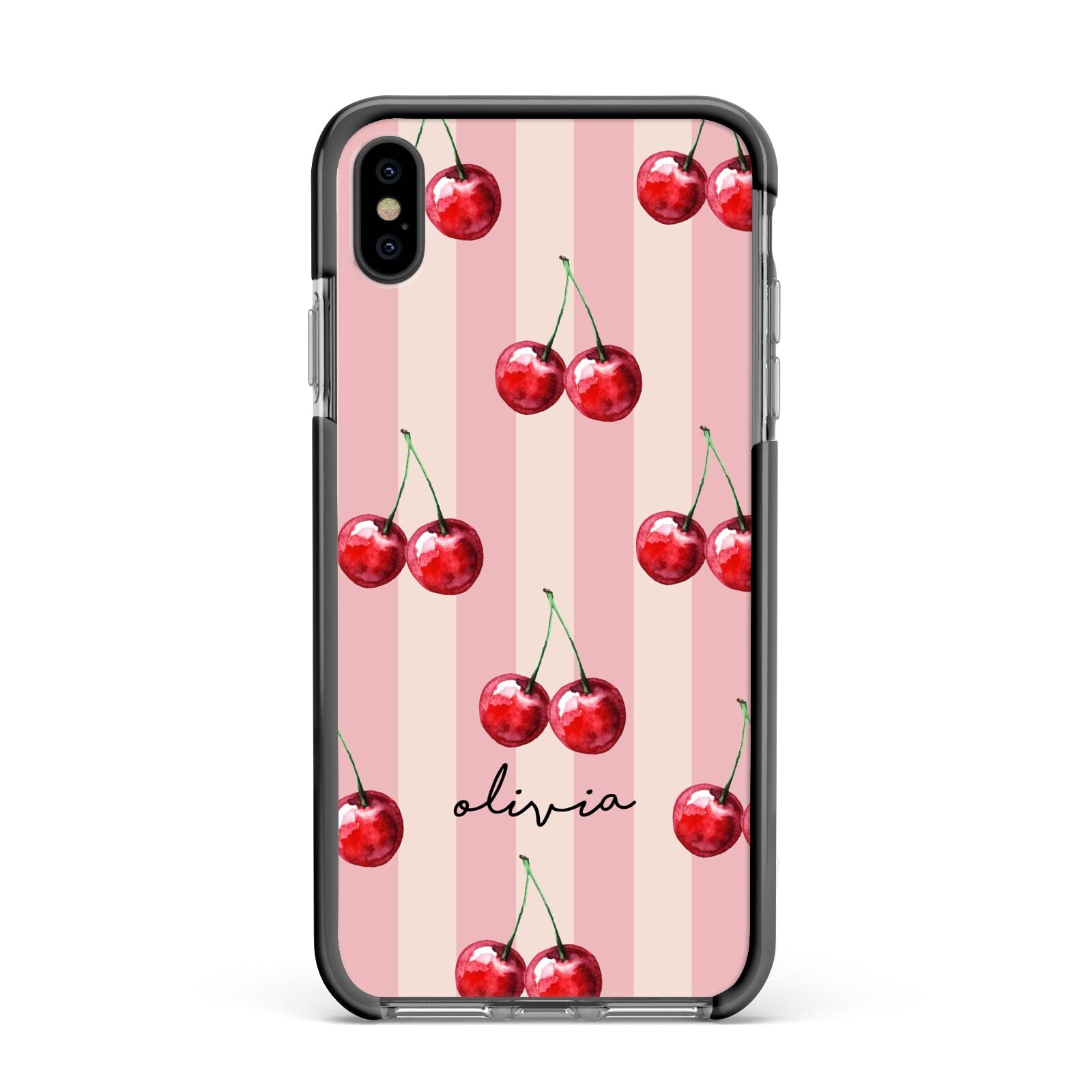 Pink Stripes with Cherries and Text Apple iPhone Xs Max Impact Case Black Edge on Black Phone