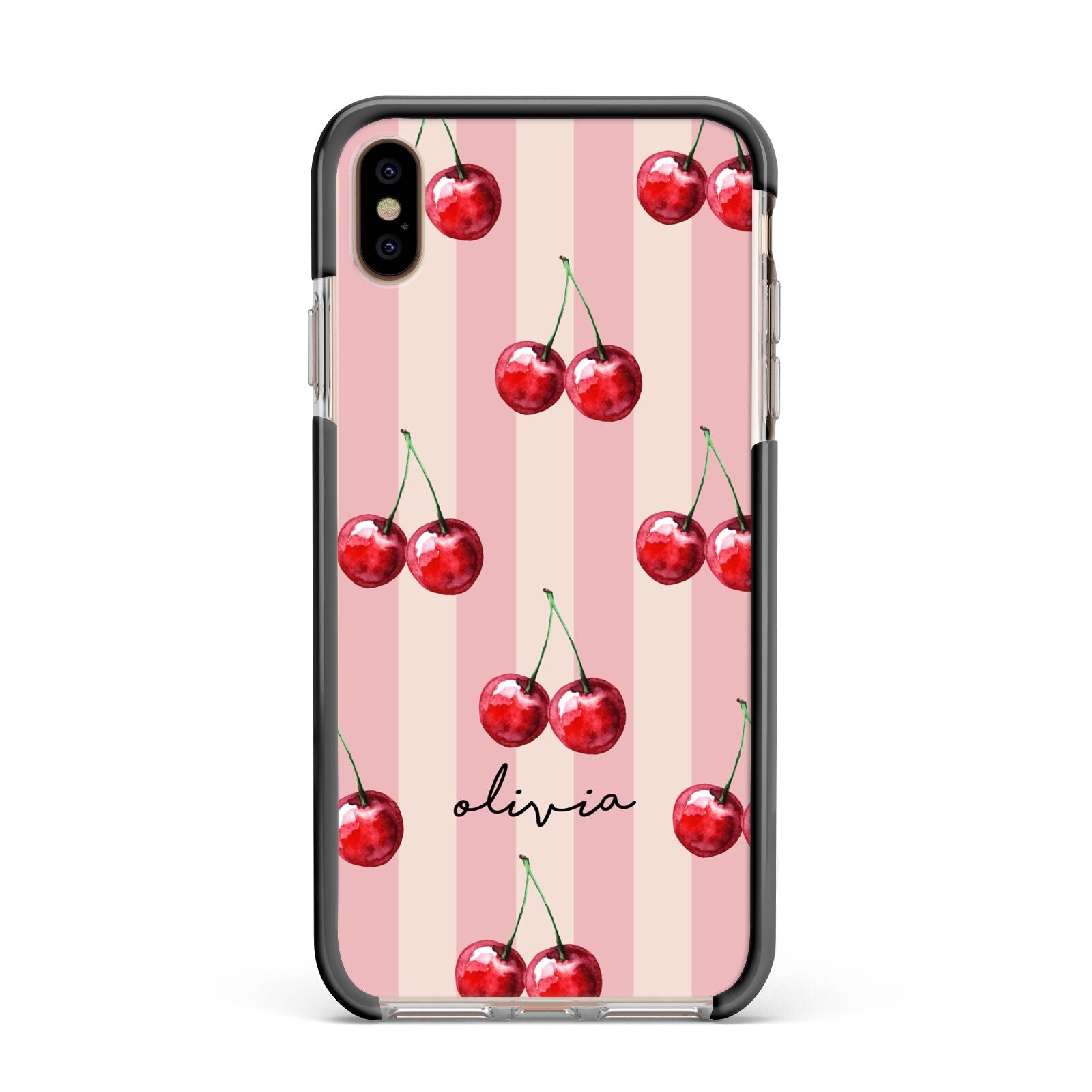 Pink Stripes with Cherries and Text Apple iPhone Xs Max Impact Case Black Edge on Gold Phone