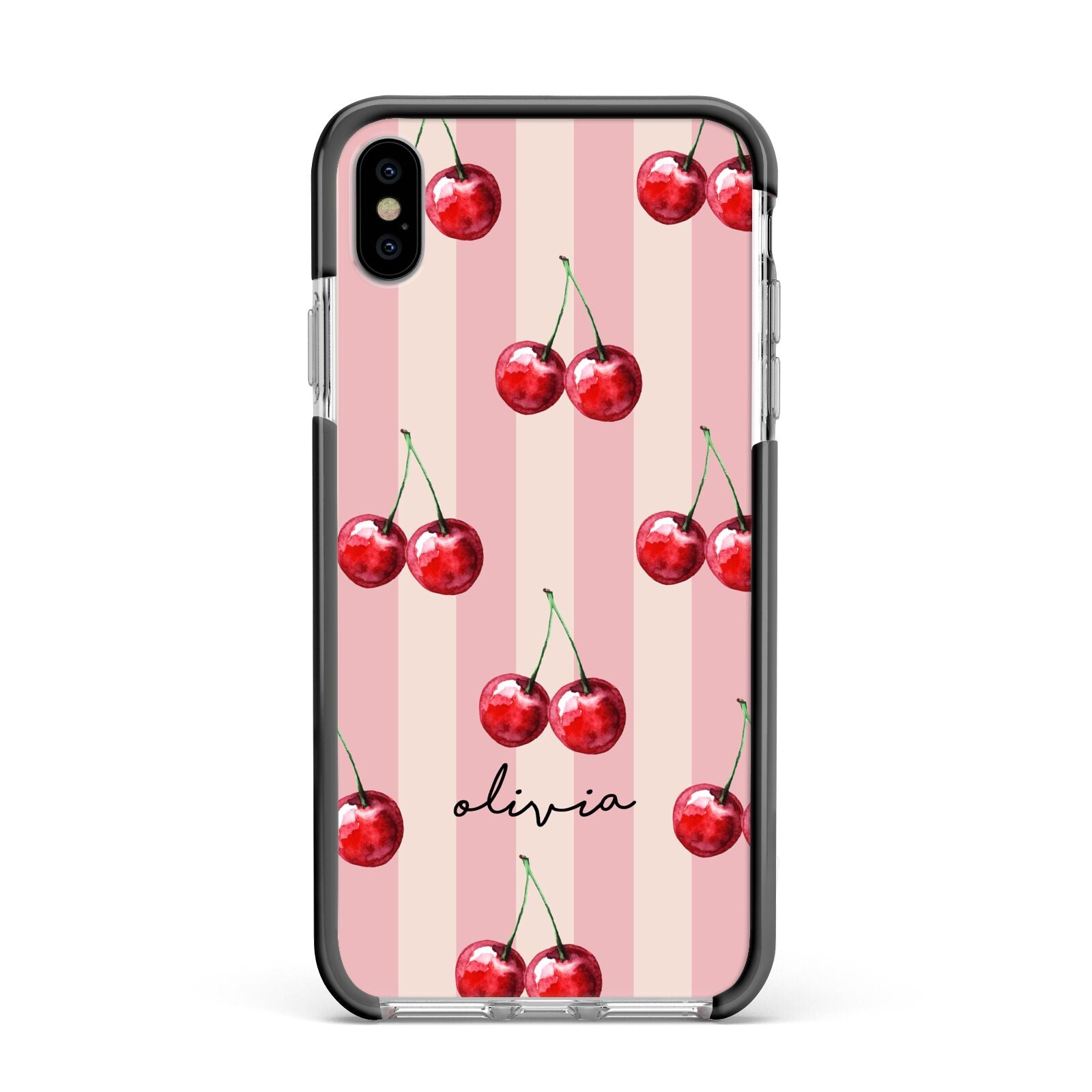 Pink Stripes with Cherries and Text Apple iPhone Xs Max Impact Case Black Edge on Silver Phone