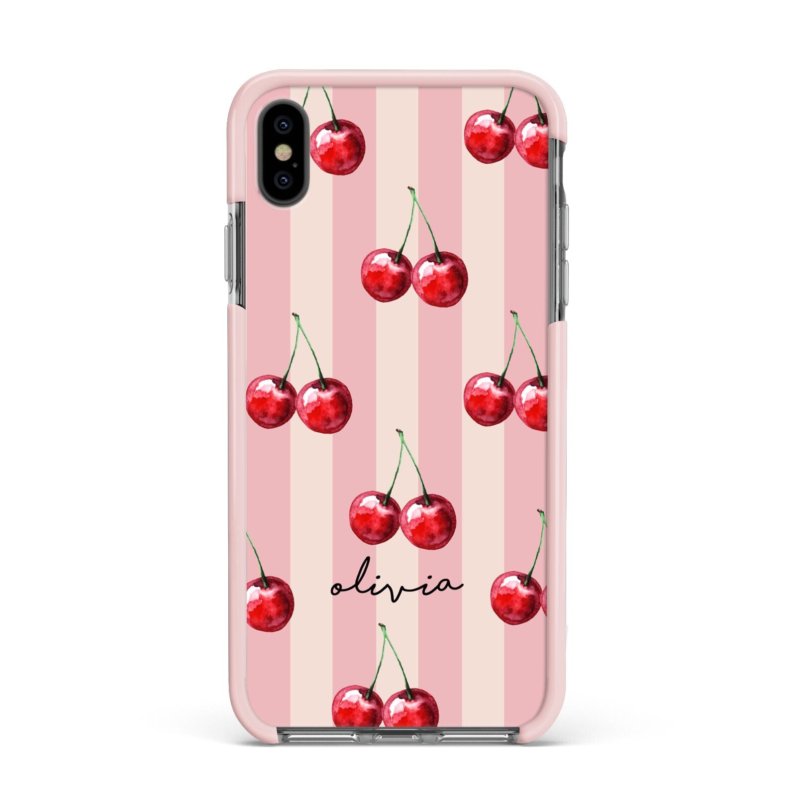 Pink Stripes with Cherries and Text Apple iPhone Xs Max Impact Case Pink Edge on Black Phone