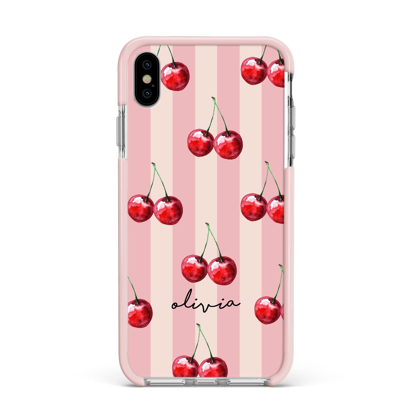 Pink Stripes with Cherries and Text Apple iPhone Xs Max Impact Case Pink Edge on Silver Phone