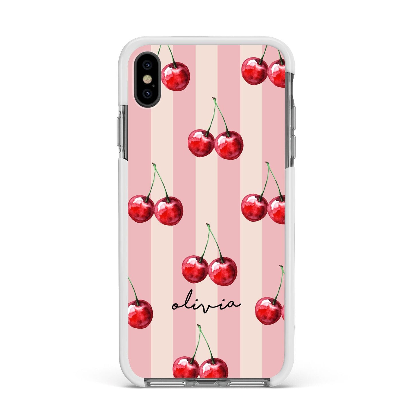 Pink Stripes with Cherries and Text Apple iPhone Xs Max Impact Case White Edge on Black Phone