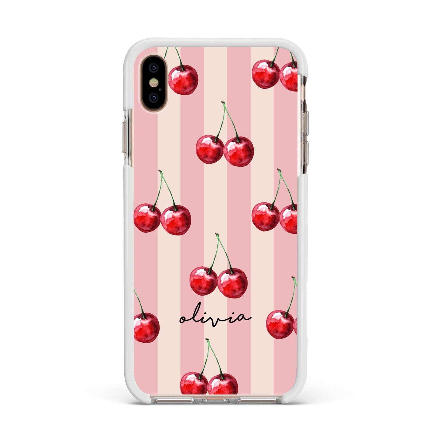 Pink Stripes with Cherries and Text Apple iPhone Xs Max Impact Case White Edge on Gold Phone