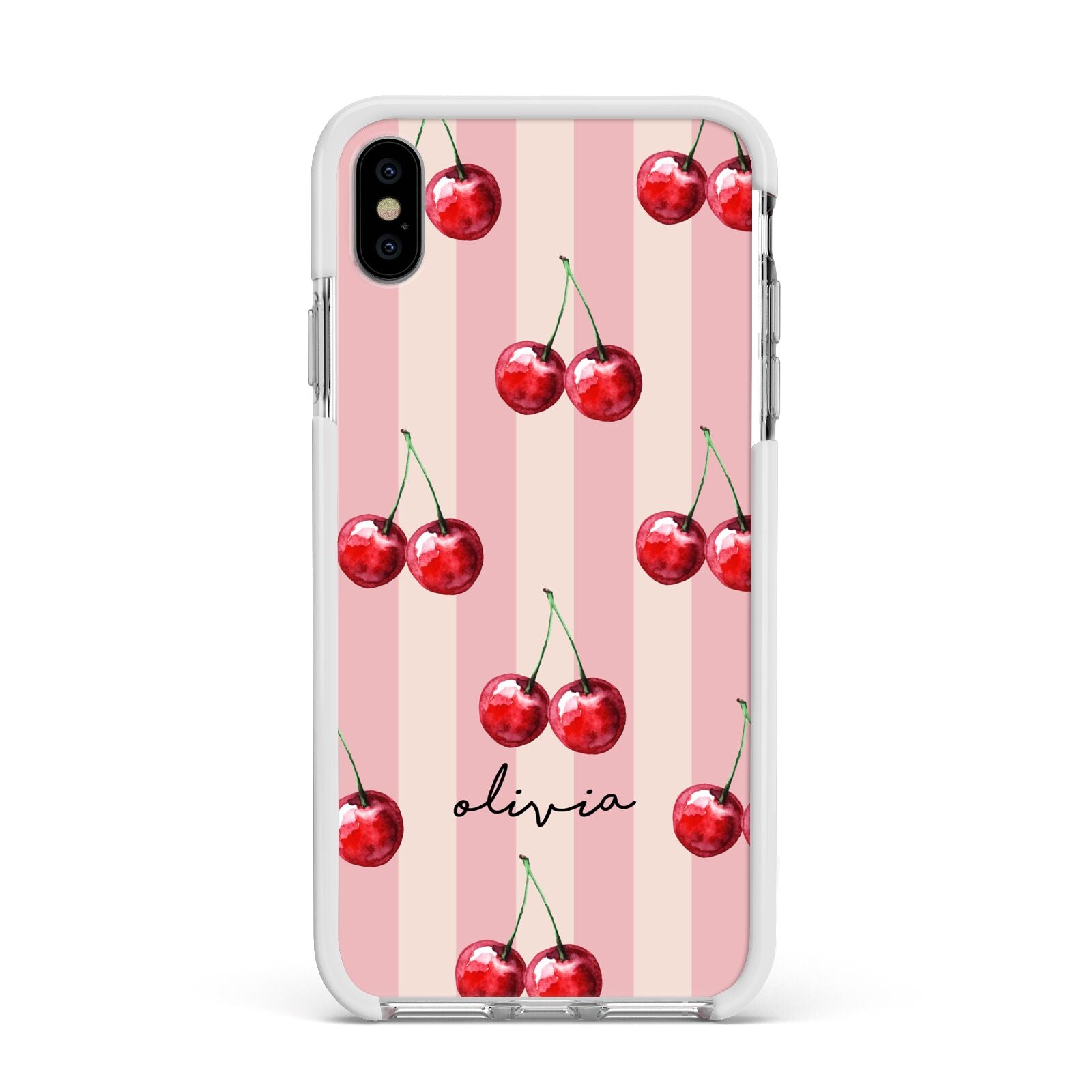 Pink Stripes with Cherries and Text Apple iPhone Xs Max Impact Case White Edge on Silver Phone