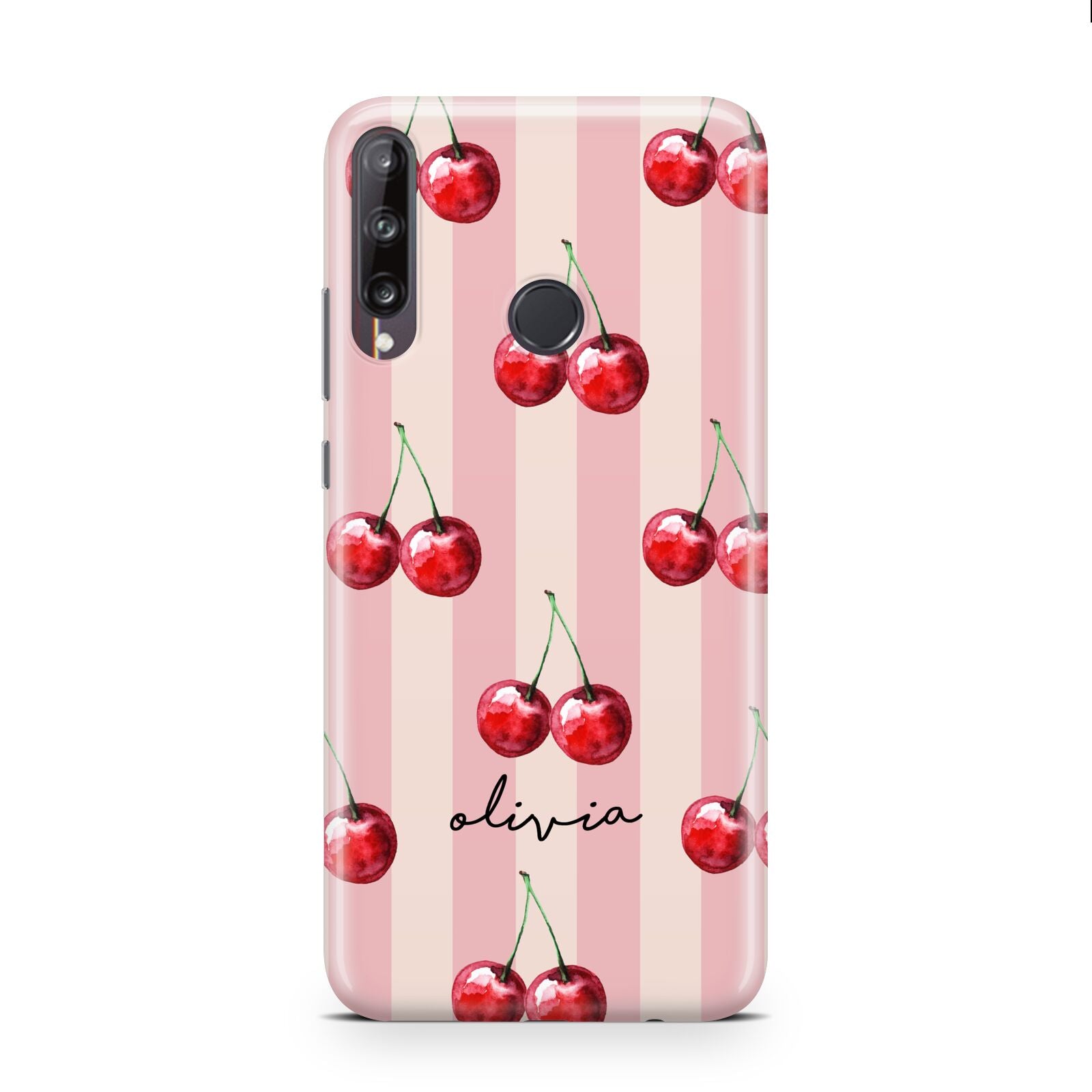 Pink Stripes with Cherries and Text Huawei P40 Lite E Phone Case