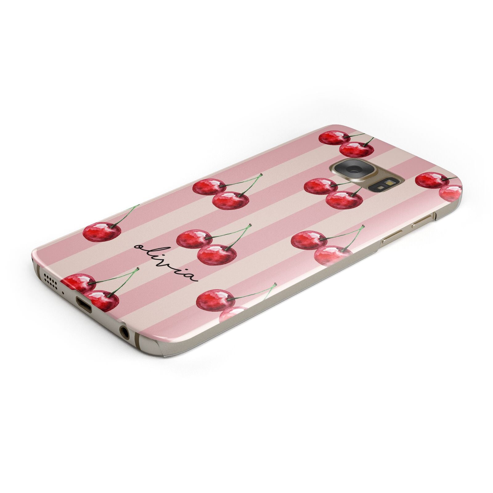 Pink Stripes with Cherries and Text Protective Samsung Galaxy Case Angled Image