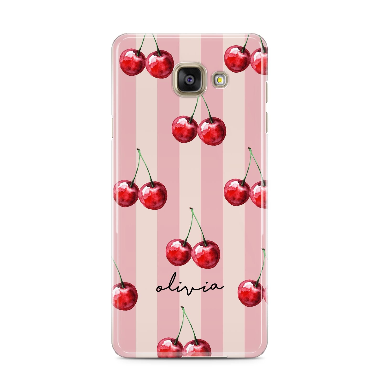 Pink Stripes with Cherries and Text Samsung Galaxy A3 2016 Case on gold phone