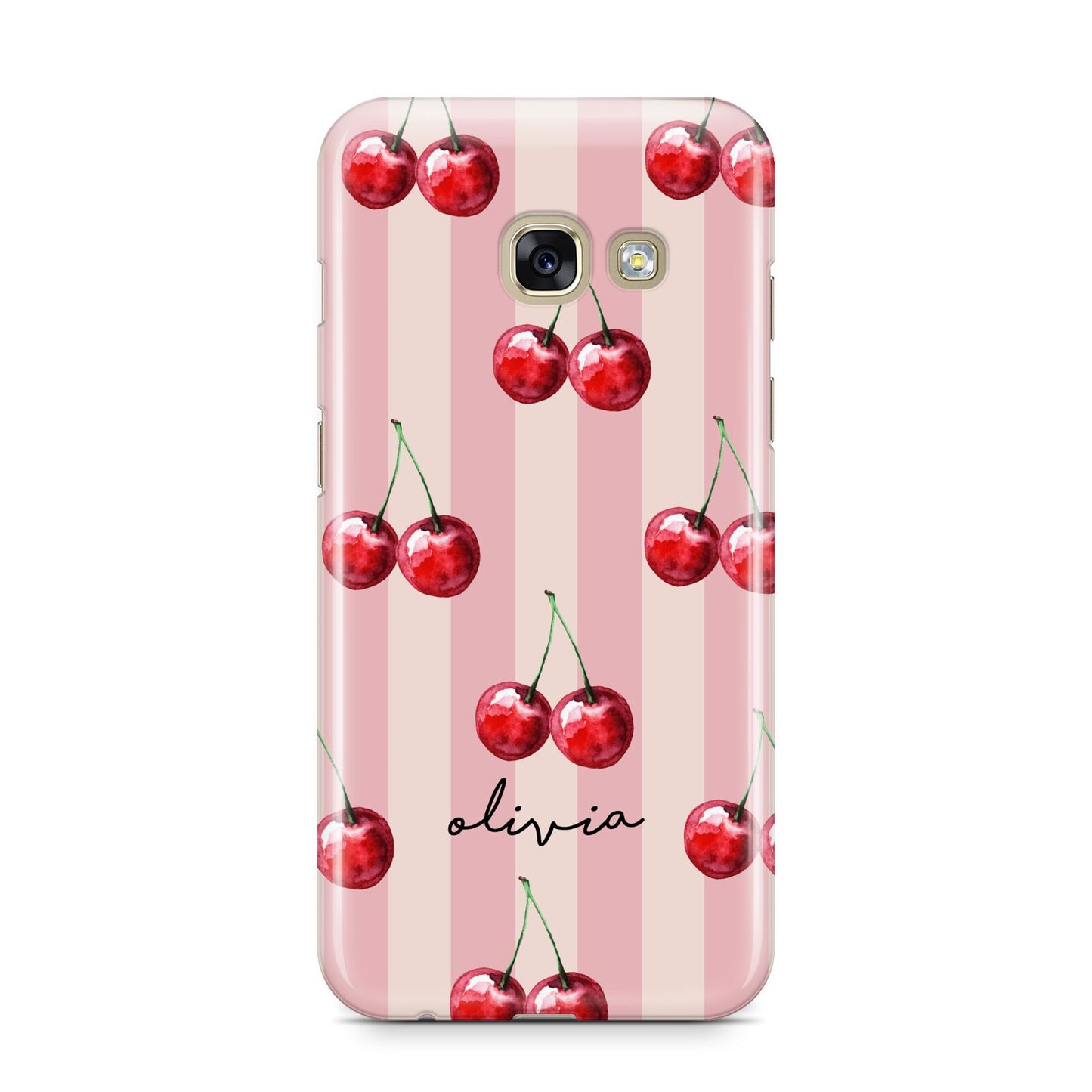 Pink Stripes with Cherries and Text Samsung Galaxy A3 2017 Case on gold phone