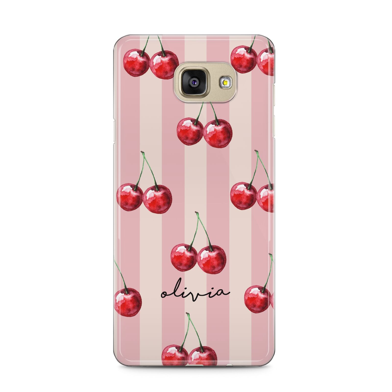 Pink Stripes with Cherries and Text Samsung Galaxy A5 2016 Case on gold phone