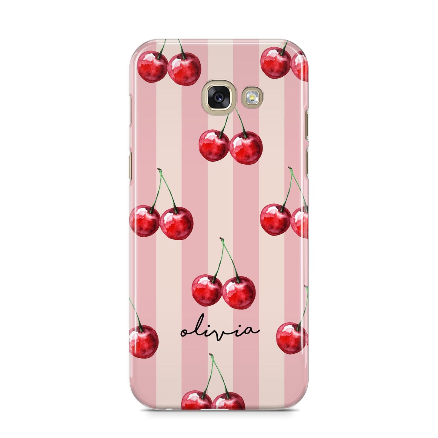 Pink Stripes with Cherries and Text Samsung Galaxy A5 2017 Case on gold phone