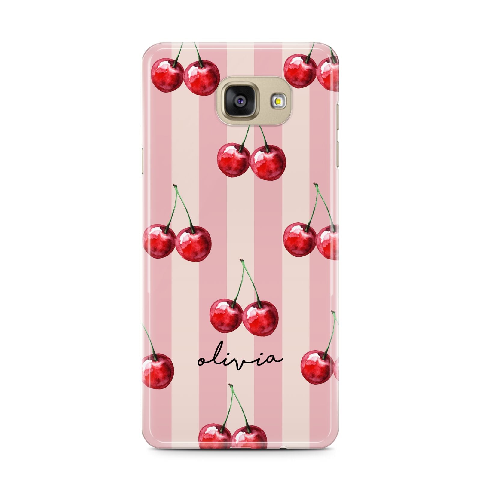 Pink Stripes with Cherries and Text Samsung Galaxy A7 2016 Case on gold phone