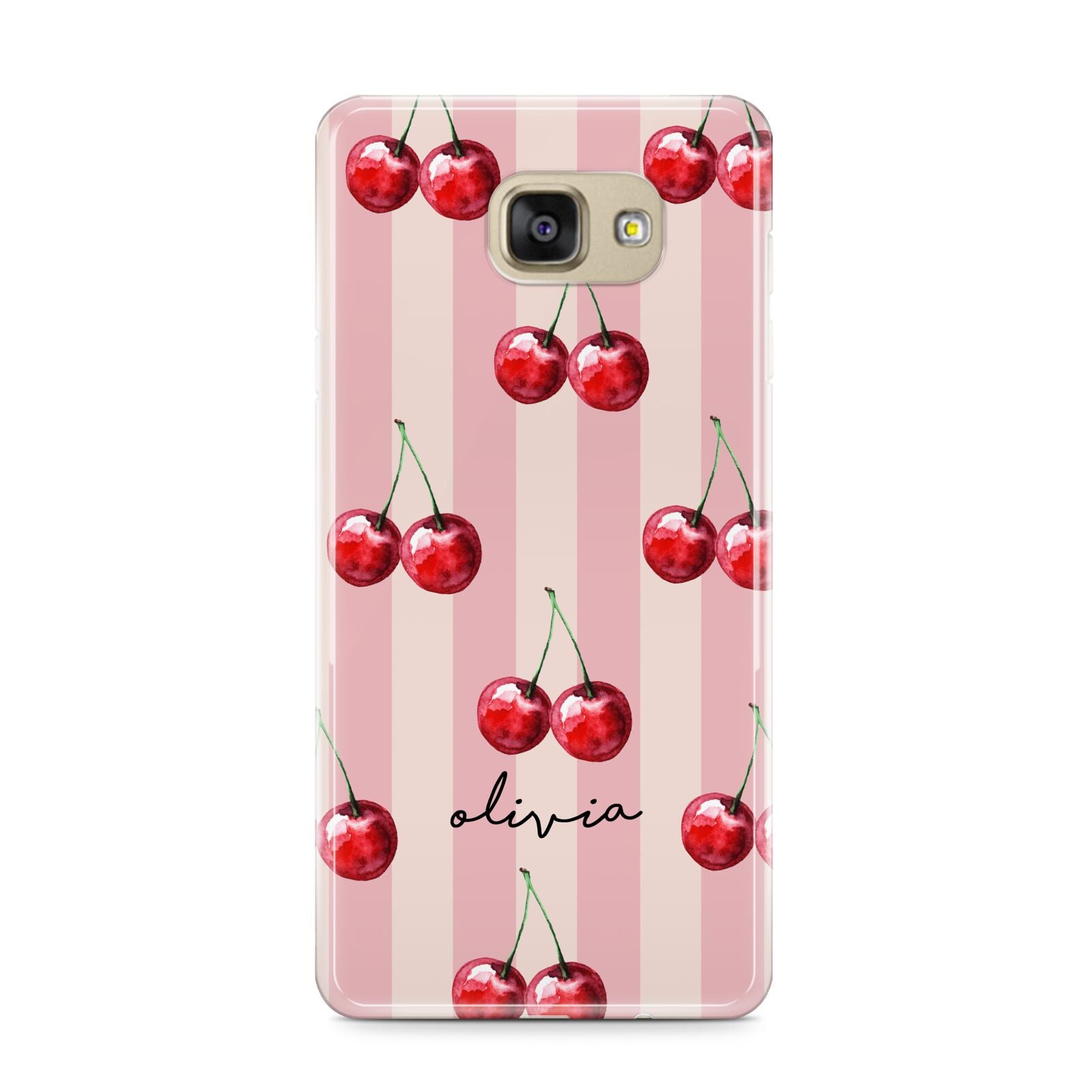 Pink Stripes with Cherries and Text Samsung Galaxy A9 2016 Case on gold phone