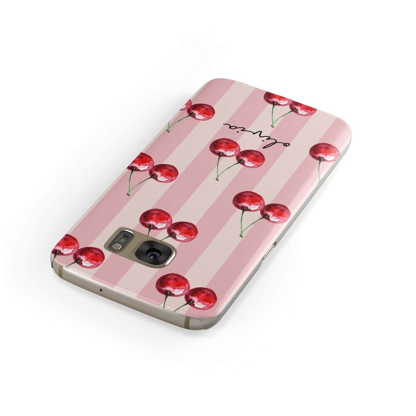 Pink Stripes with Cherries and Text Samsung Galaxy Case Front Close Up