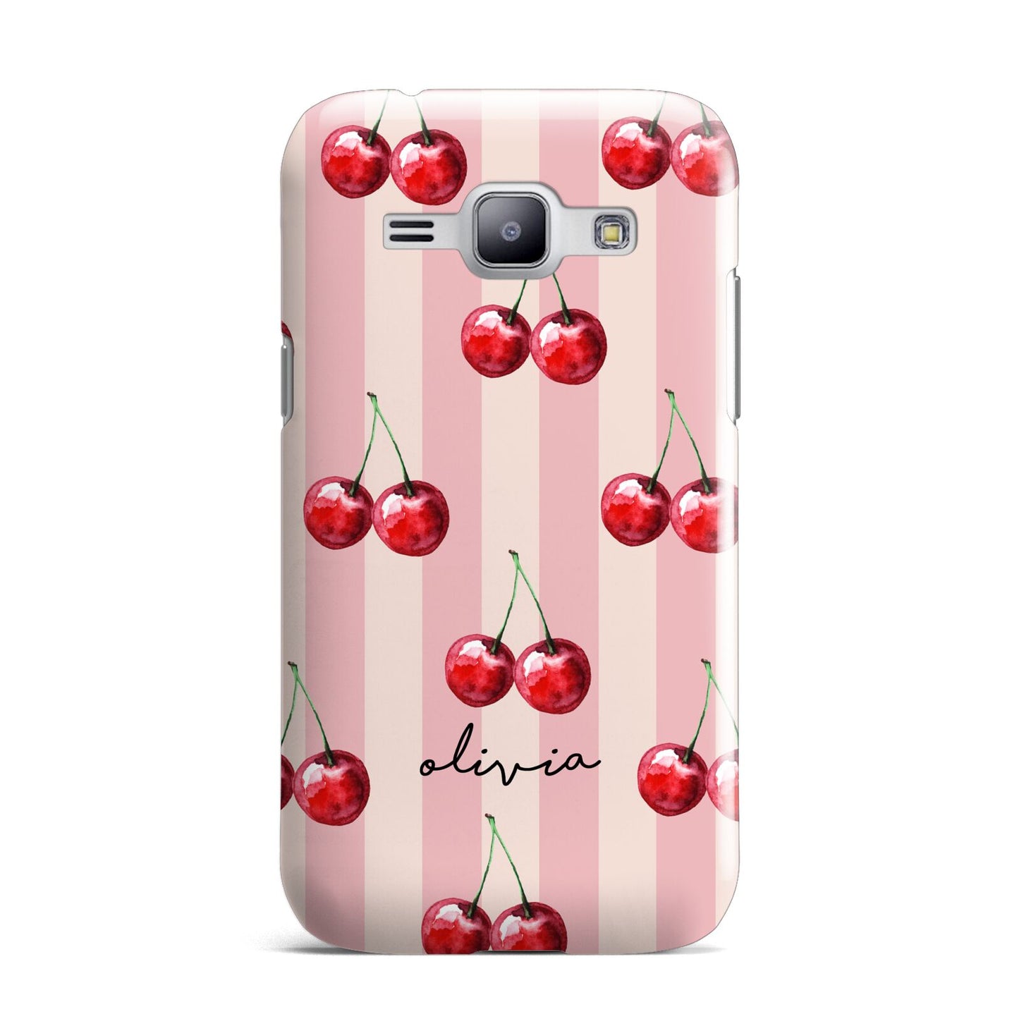 Pink Stripes with Cherries and Text Samsung Galaxy J1 2015 Case