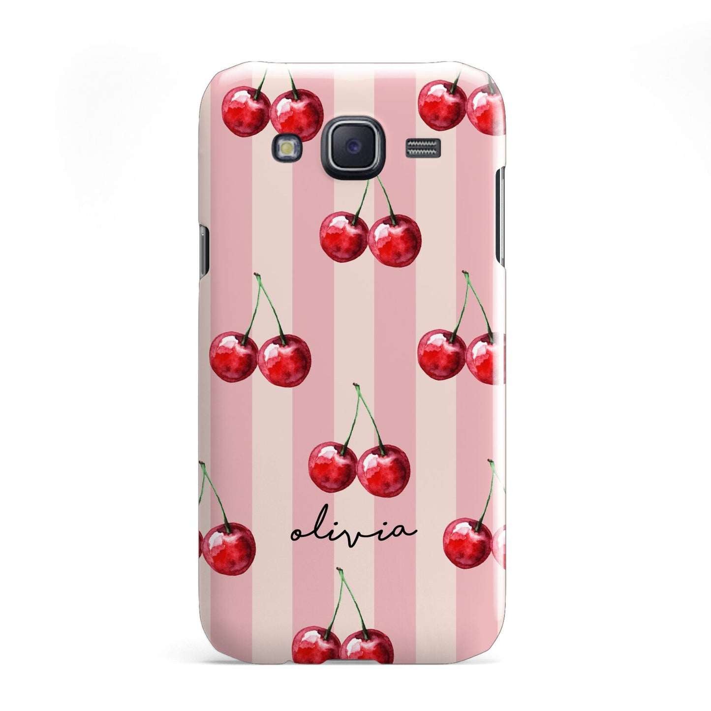 Pink Stripes with Cherries and Text Samsung Galaxy J5 Case