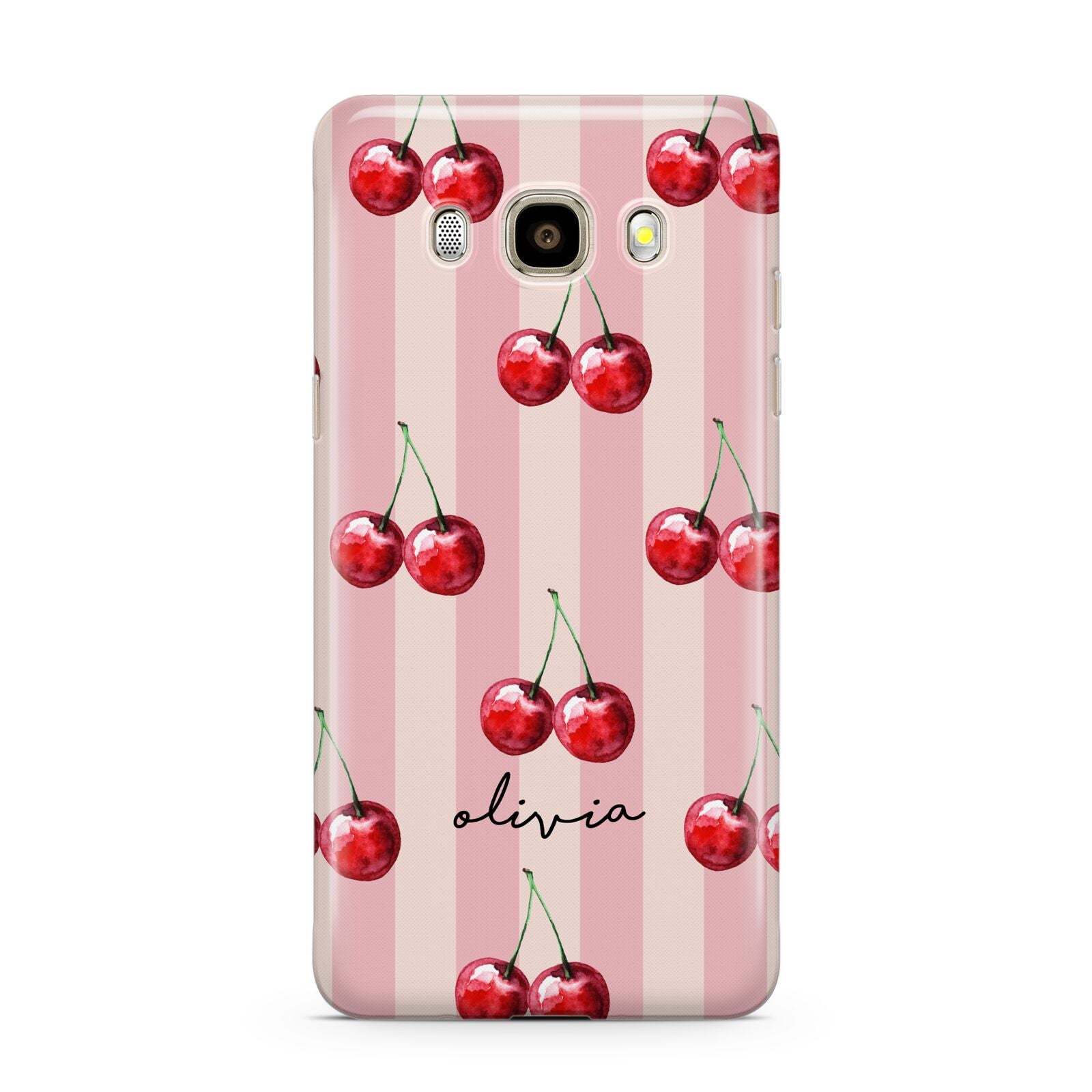 Pink Stripes with Cherries and Text Samsung Galaxy J7 2016 Case on gold phone