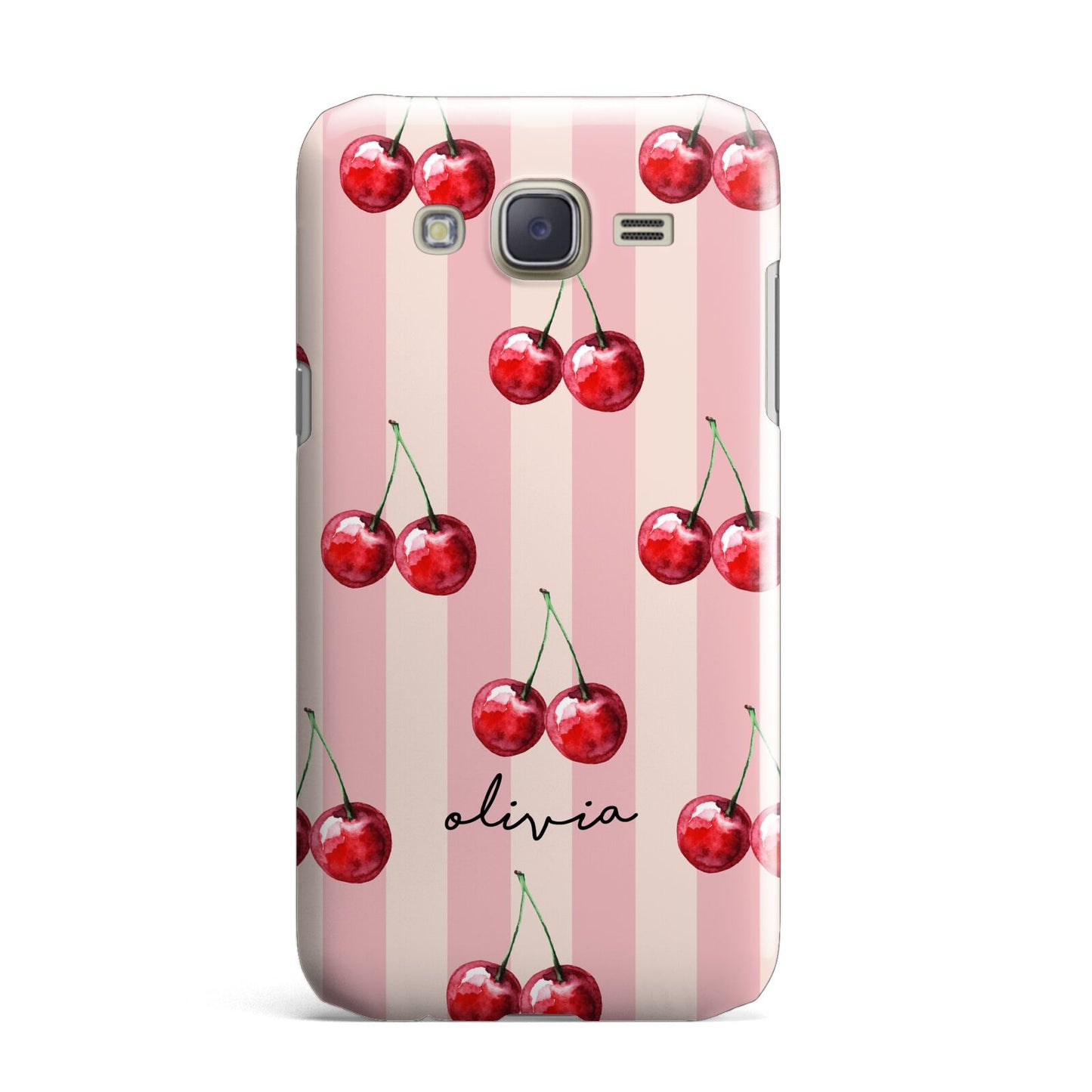 Pink Stripes with Cherries and Text Samsung Galaxy J7 Case