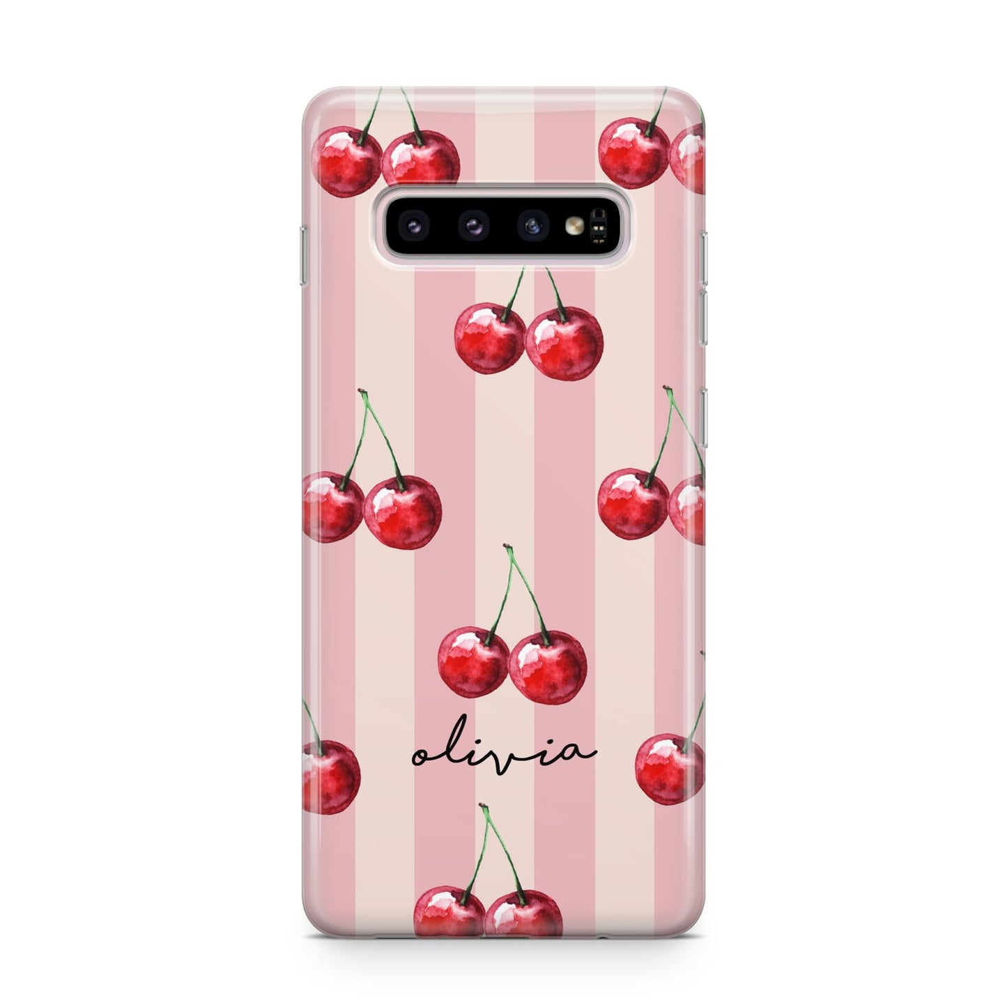 Pink Stripes with Cherries and Text Samsung Galaxy S10 Plus Case