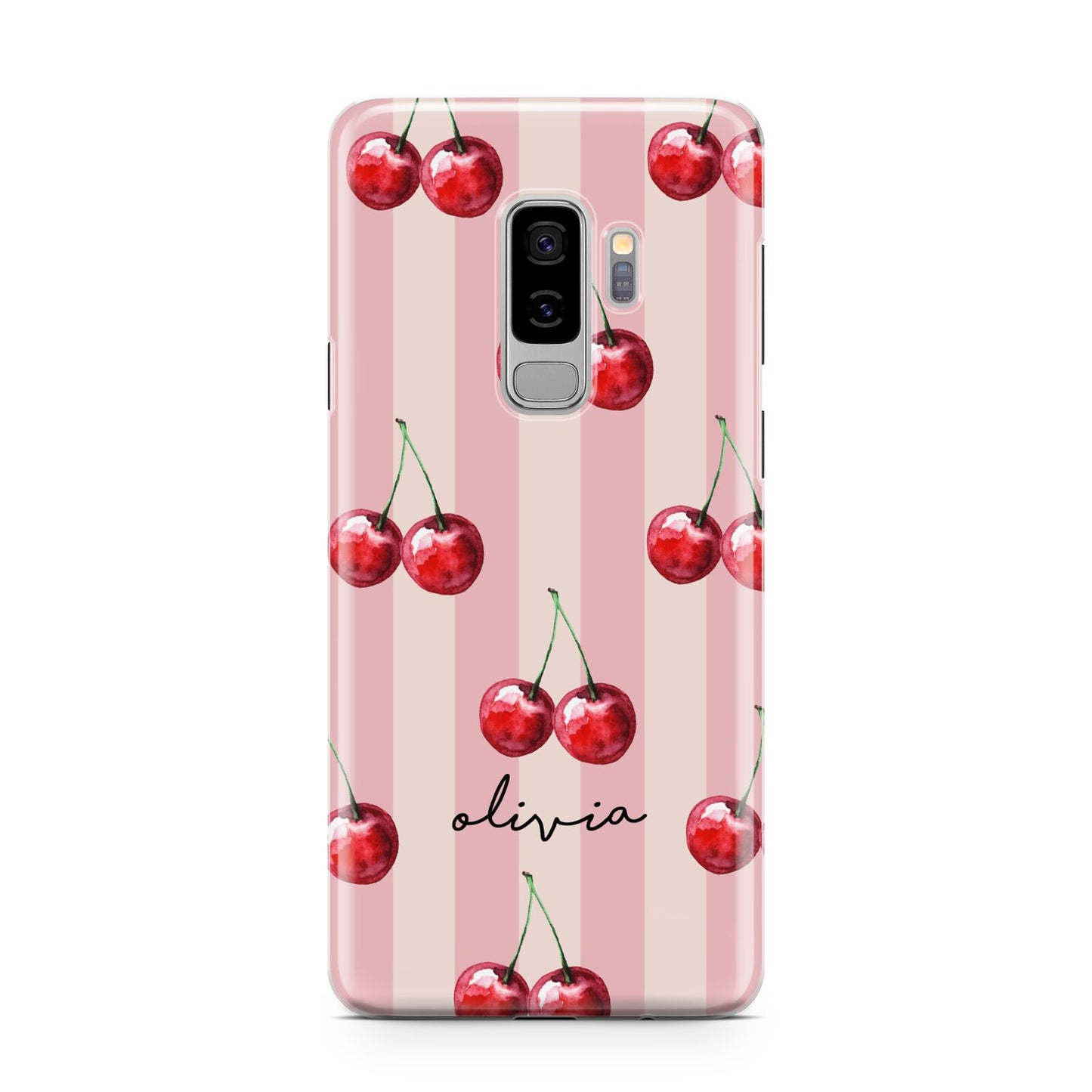 Pink Stripes with Cherries and Text Samsung Galaxy S9 Plus Case on Silver phone