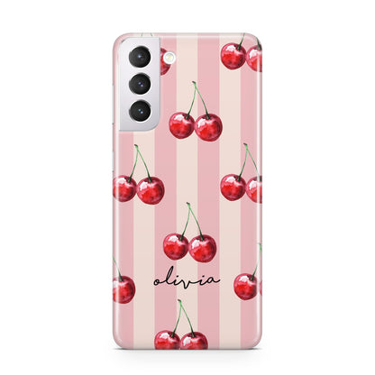 Pink Stripes with Cherries and Text Samsung S21 Case