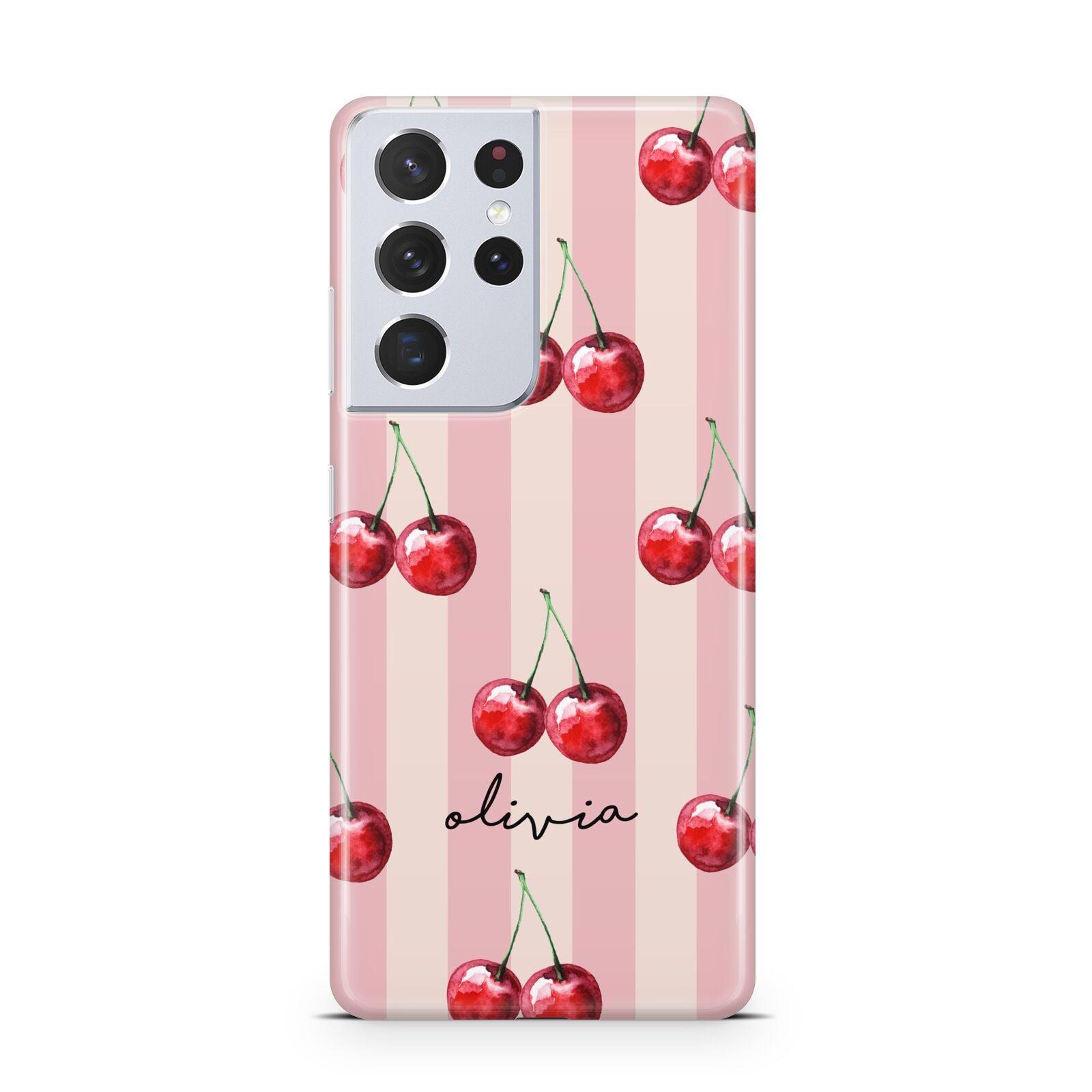 Pink Stripes with Cherries and Text Samsung S21 Ultra Case