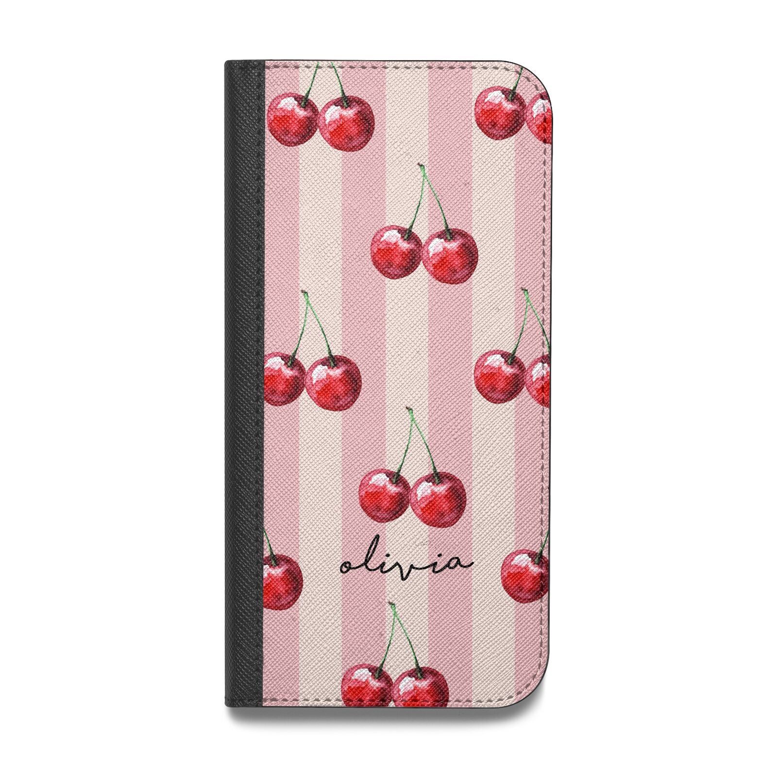 Pink Stripes with Cherries and Text Vegan Leather Flip iPhone Case