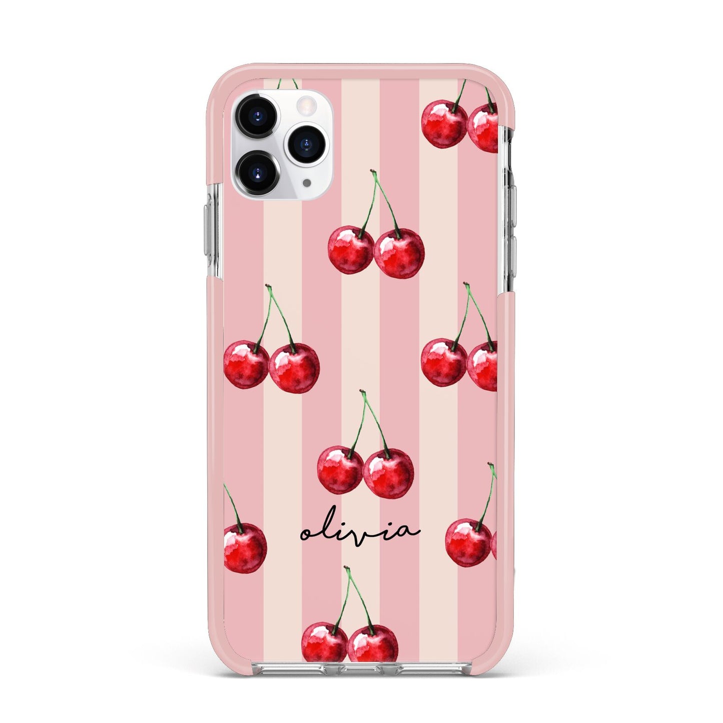 Pink Stripes with Cherries and Text iPhone 11 Pro Max Impact Pink Edge Case