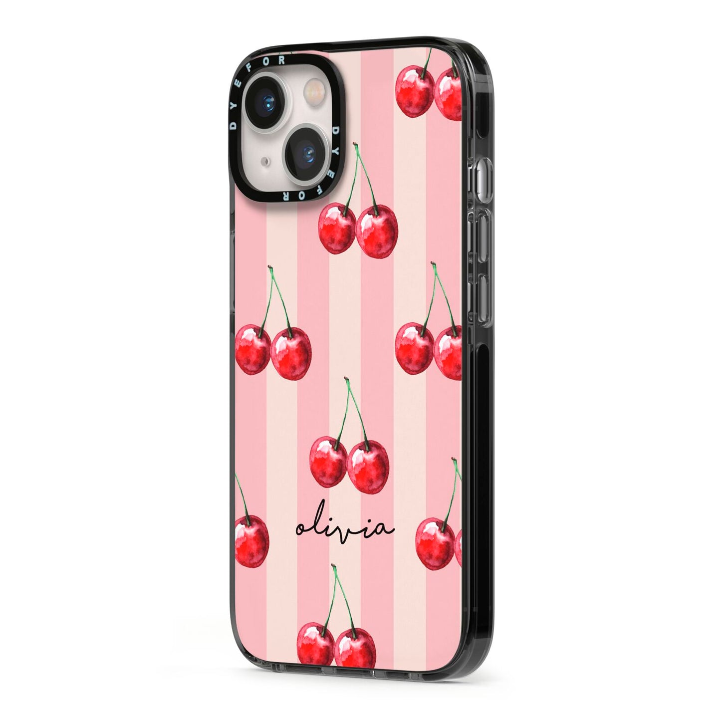 Pink Stripes with Cherries and Text iPhone 13 Black Impact Case Side Angle on Silver phone