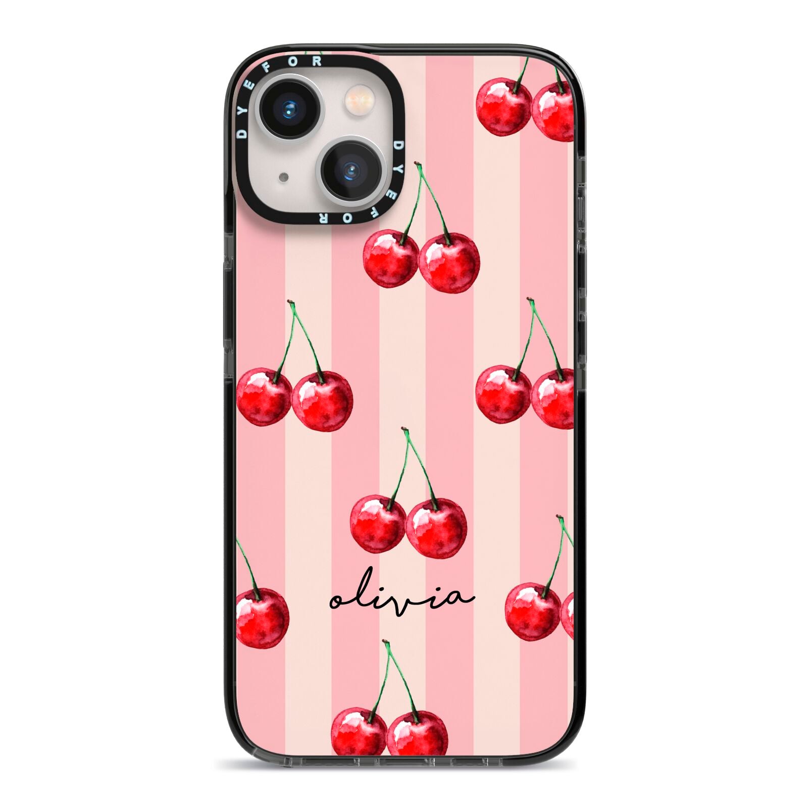 Pink Stripes with Cherries and Text iPhone 13 Black Impact Case on Silver phone