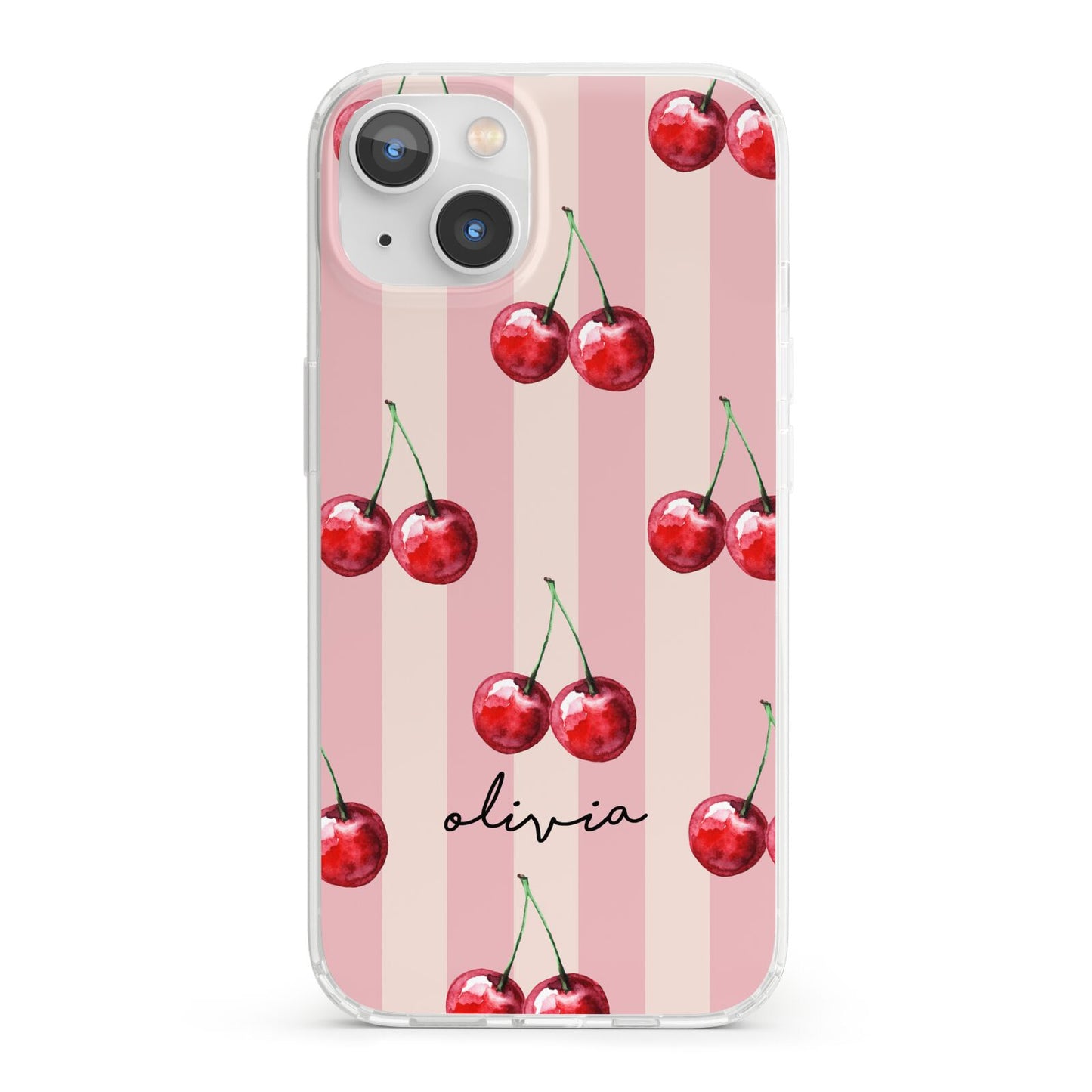 Pink Stripes with Cherries and Text iPhone 13 Clear Bumper Case