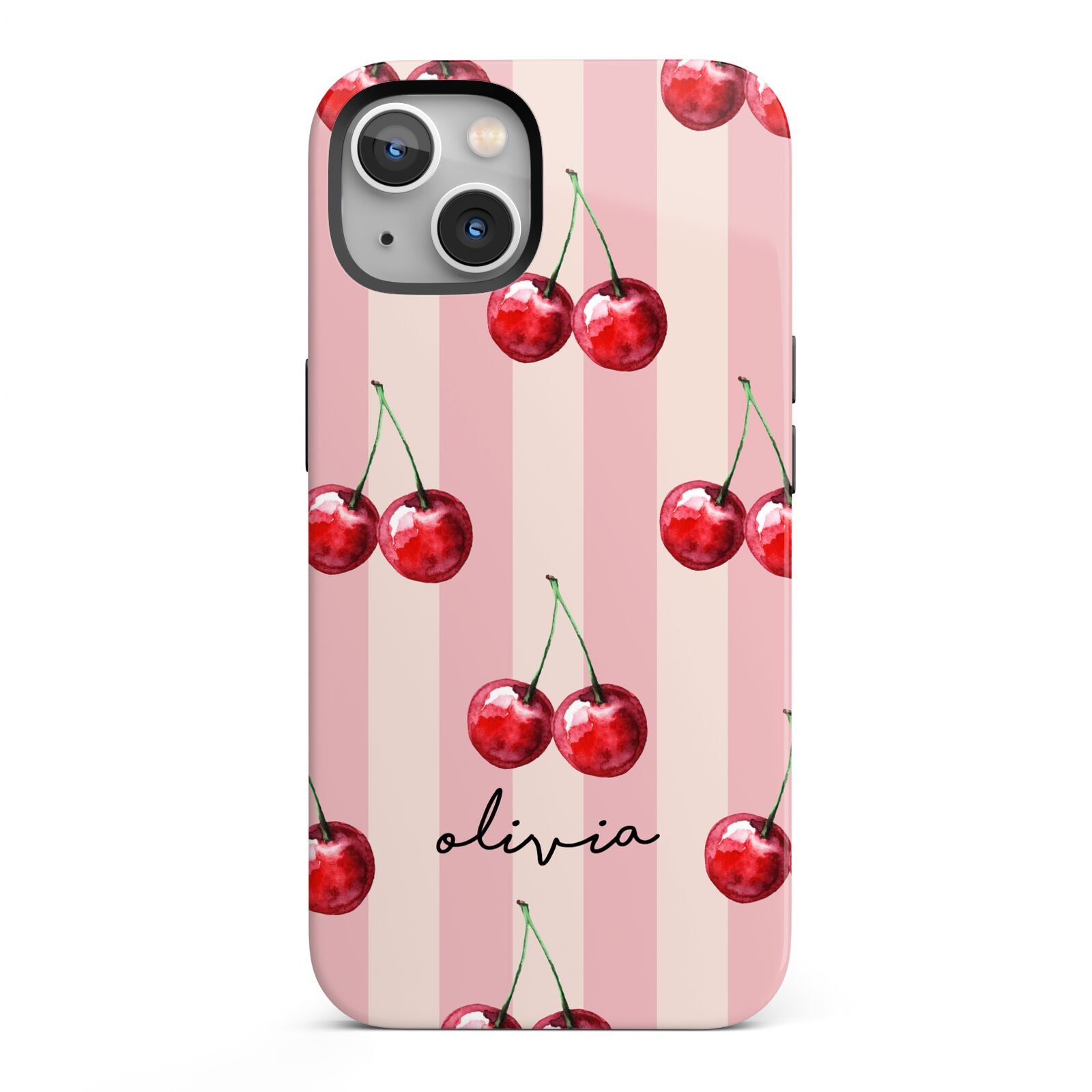 Pink Stripes with Cherries and Text iPhone 13 Full Wrap 3D Tough Case