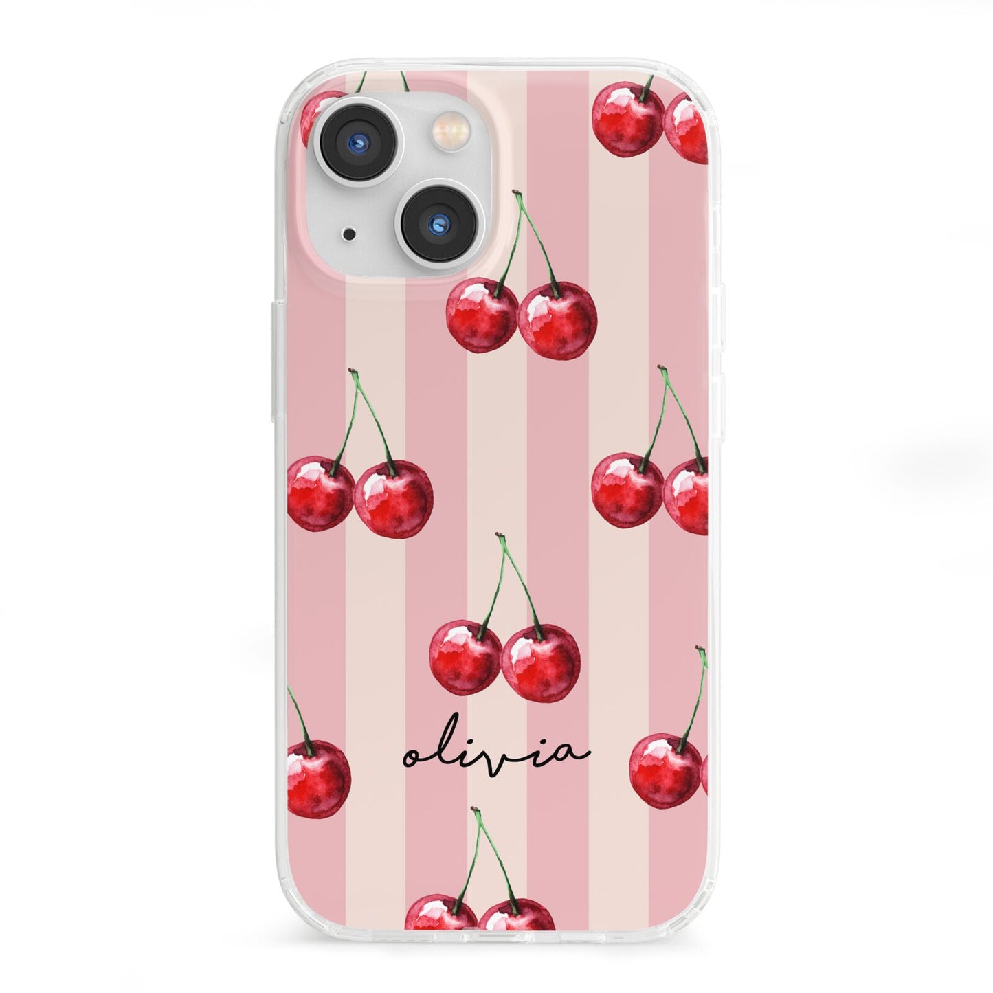 Pink Stripes with Cherries and Text iPhone 13 Mini Clear Bumper Case