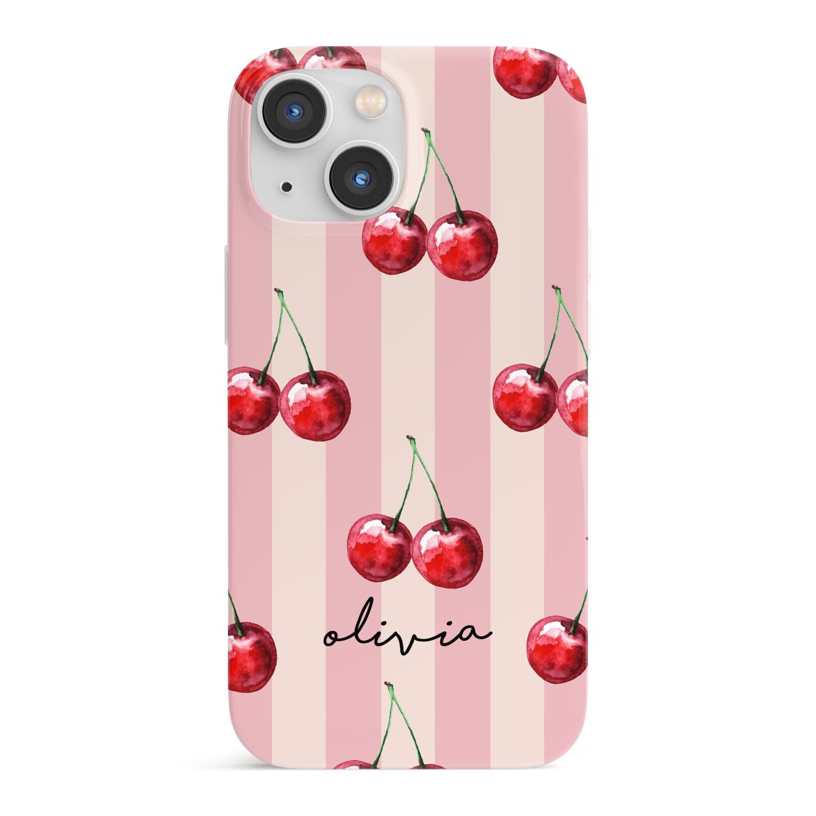 Pink Stripes with Cherries and Text iPhone 13 Mini Full Wrap 3D Snap Case