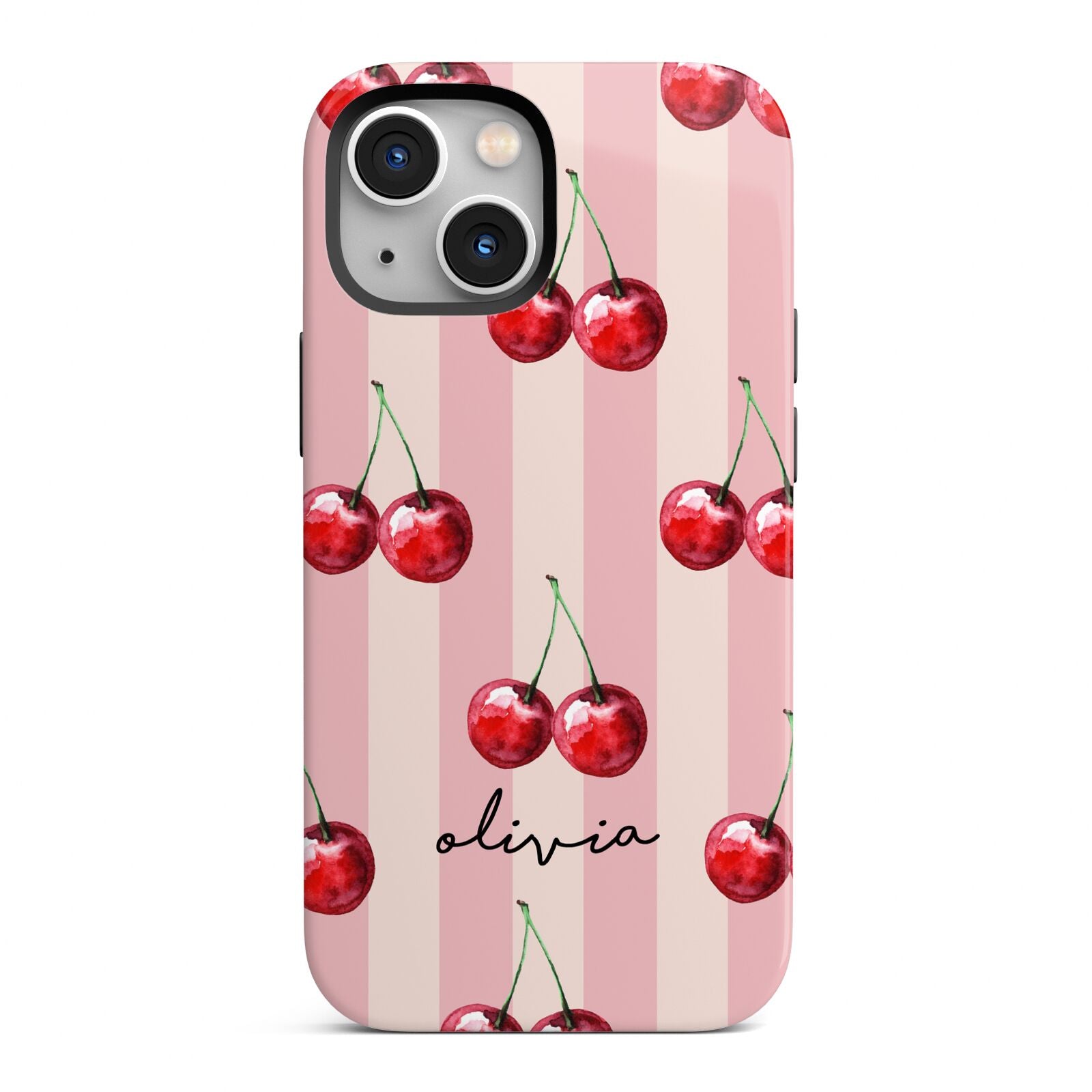 Pink Stripes with Cherries and Text iPhone 13 Mini Full Wrap 3D Tough Case