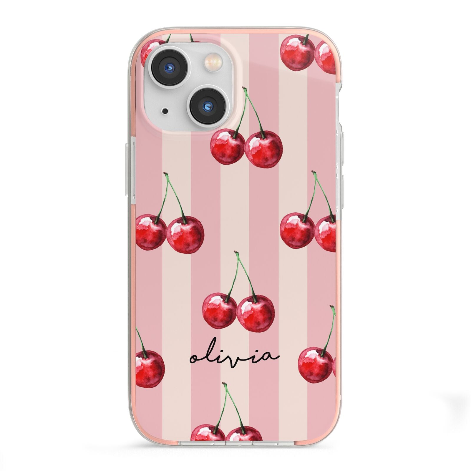 Pink Stripes with Cherries and Text iPhone 13 Mini TPU Impact Case with Pink Edges