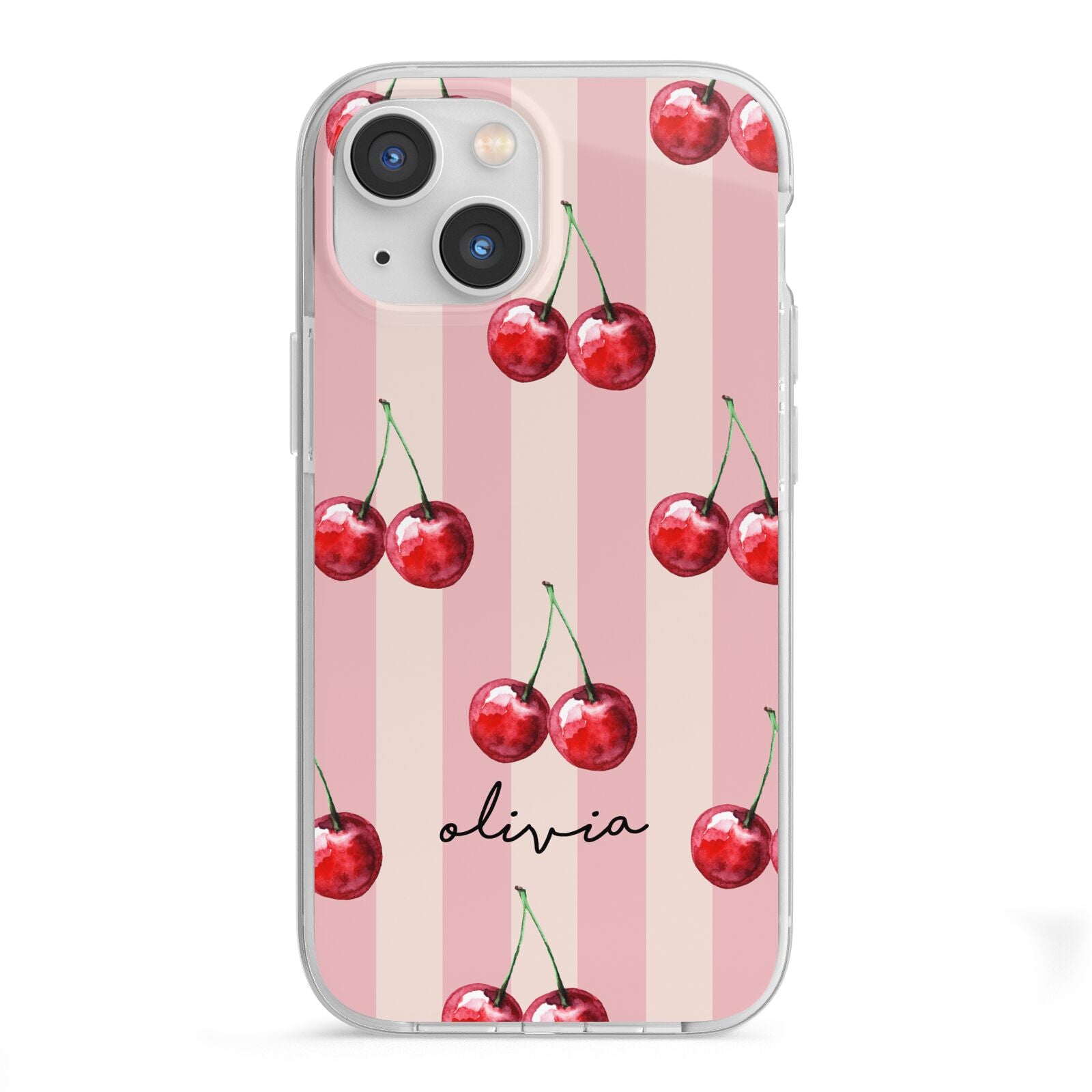 Pink Stripes with Cherries and Text iPhone 13 Mini TPU Impact Case with White Edges