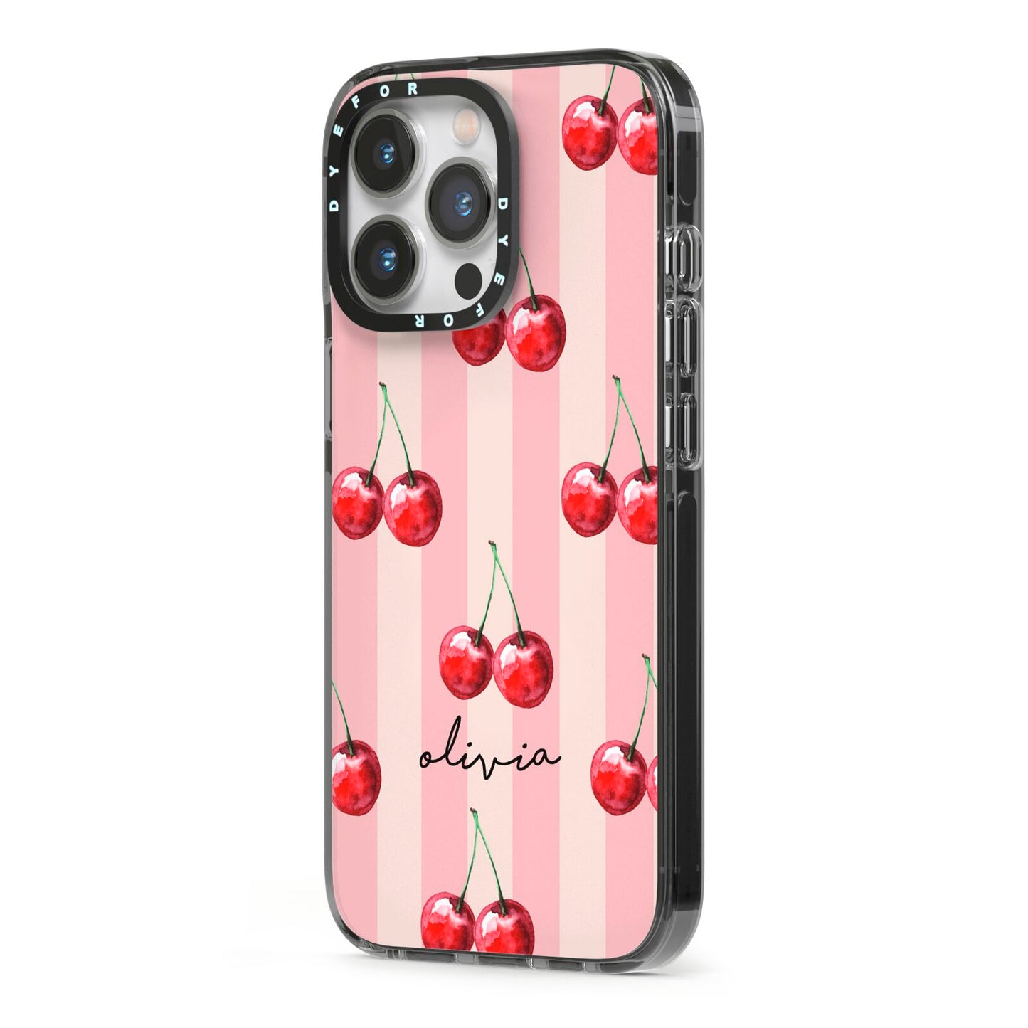 Pink Stripes with Cherries and Text iPhone 13 Pro Black Impact Case Side Angle on Silver phone