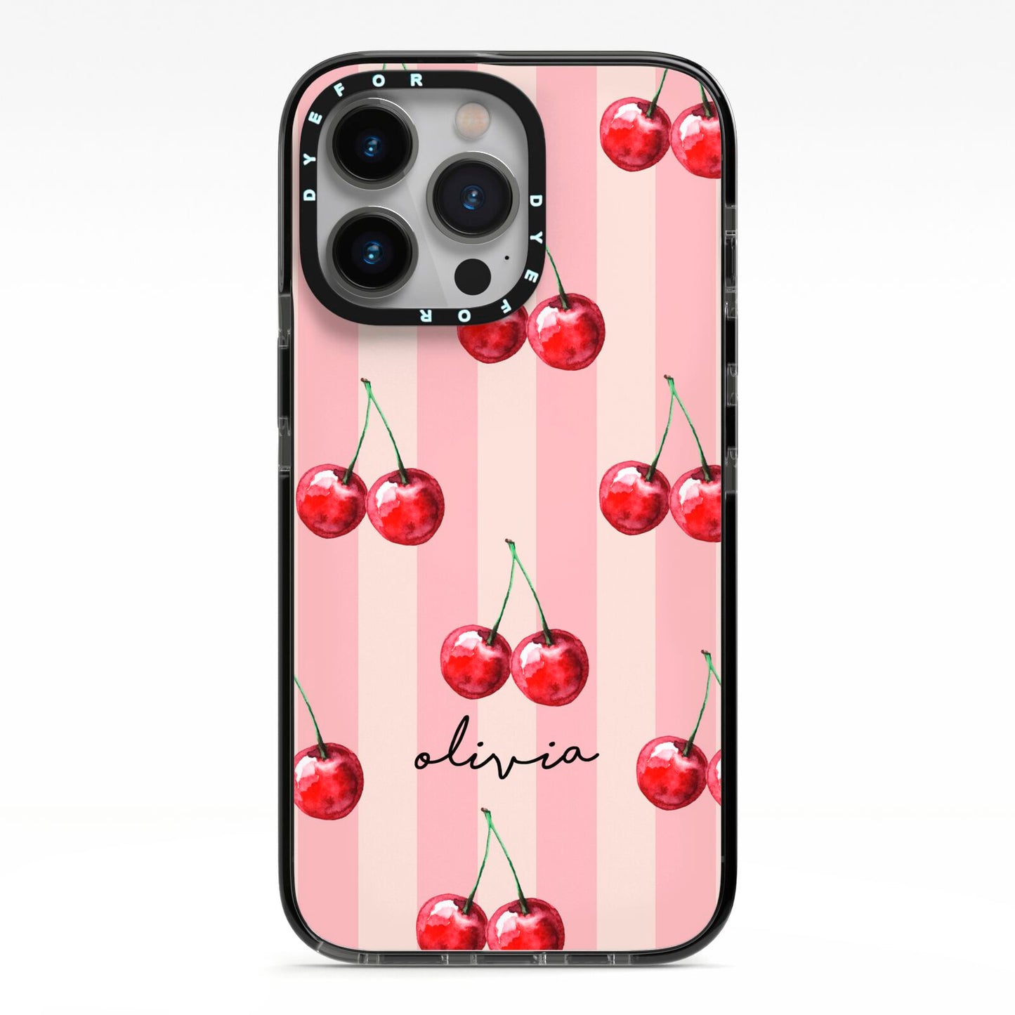 Pink Stripes with Cherries and Text iPhone 13 Pro Black Impact Case on Silver phone